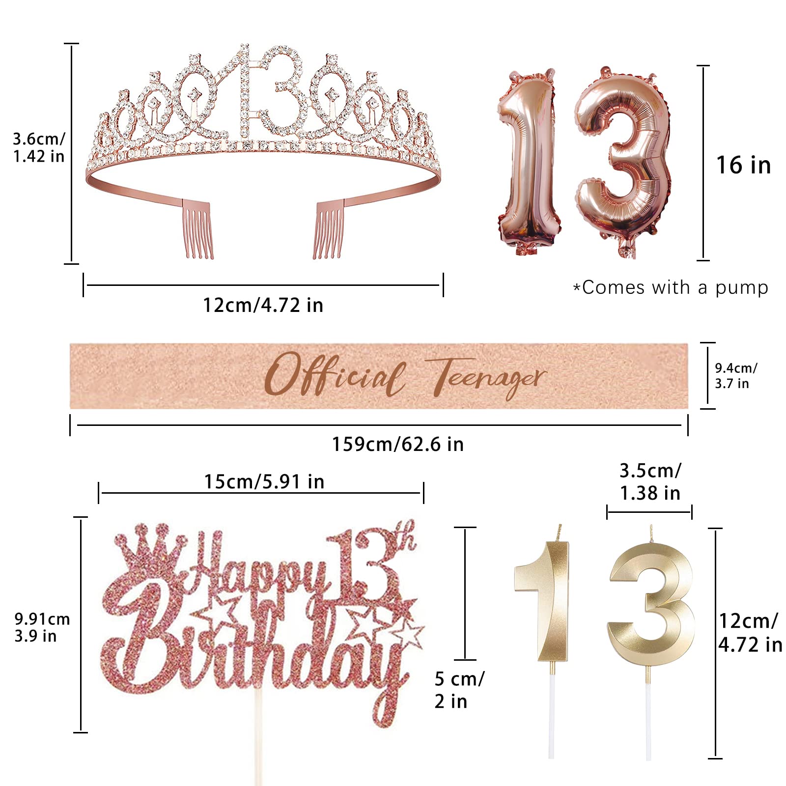 Sweet 13th Birthday Party Decorations for Girls - 5pc Gift Set with Tiara Crown, Sash, Cake Toppers, Balloons & Candles | Perfect for Teen Birthday Celebrations, Photo Shoots & Special Milestone Parties
