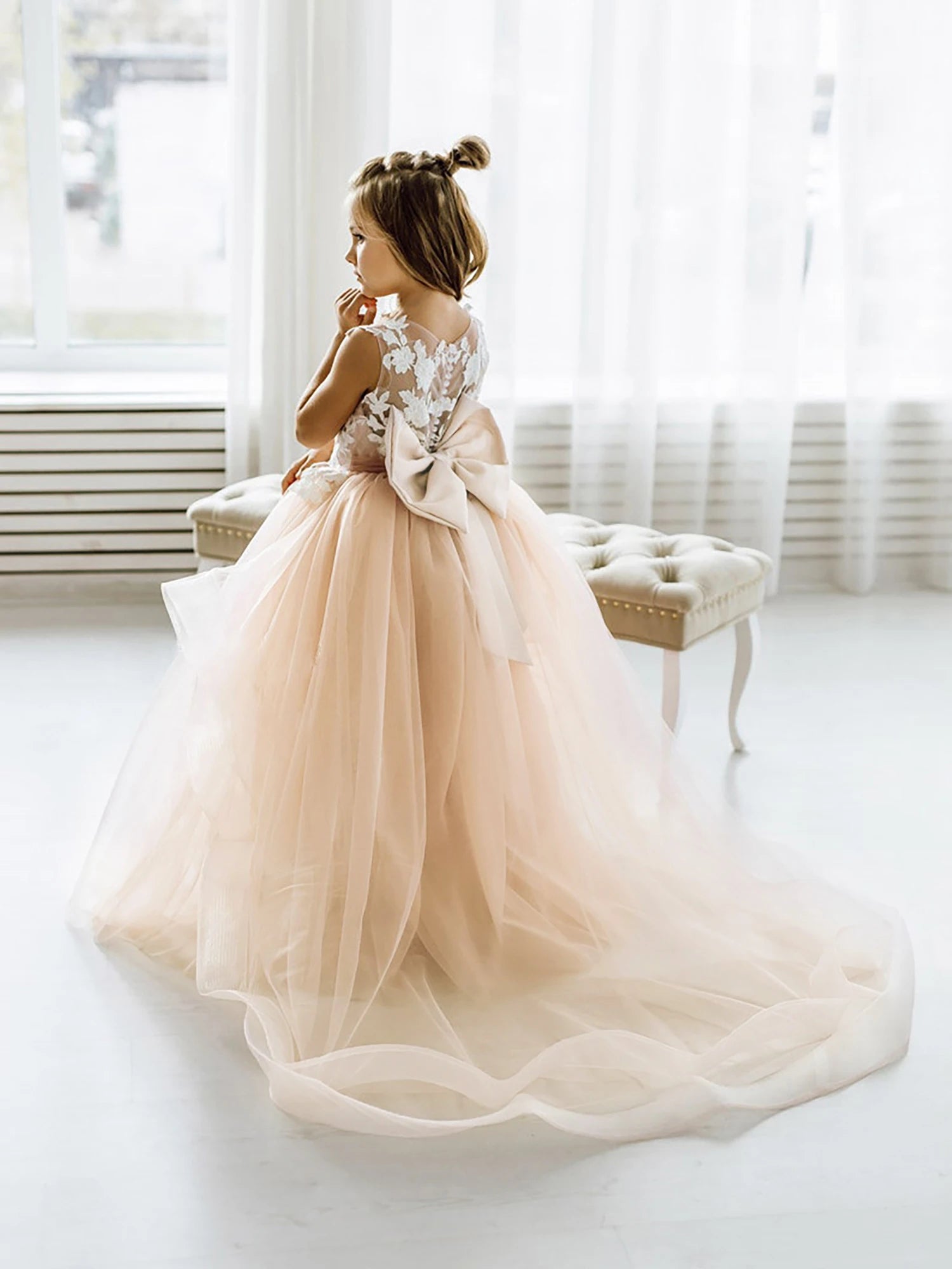 Elegant Ball Gown with Bow Back - Flower Girl Dress for Weddings, Parties & Special Occasions