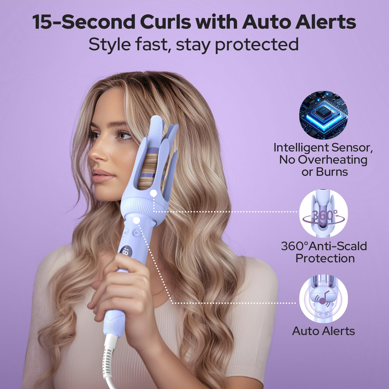 COSTAR Auto Hair Curler - 10 Temperature Settings, 15S Fast Heating, Anti-Scald & Anti-Tangle Rotating Curling Wand with Auto Shut-Off for Perfect Curls - Purple | Salon-Quality Styling at Home for Parties, Weddings & Daily Looks