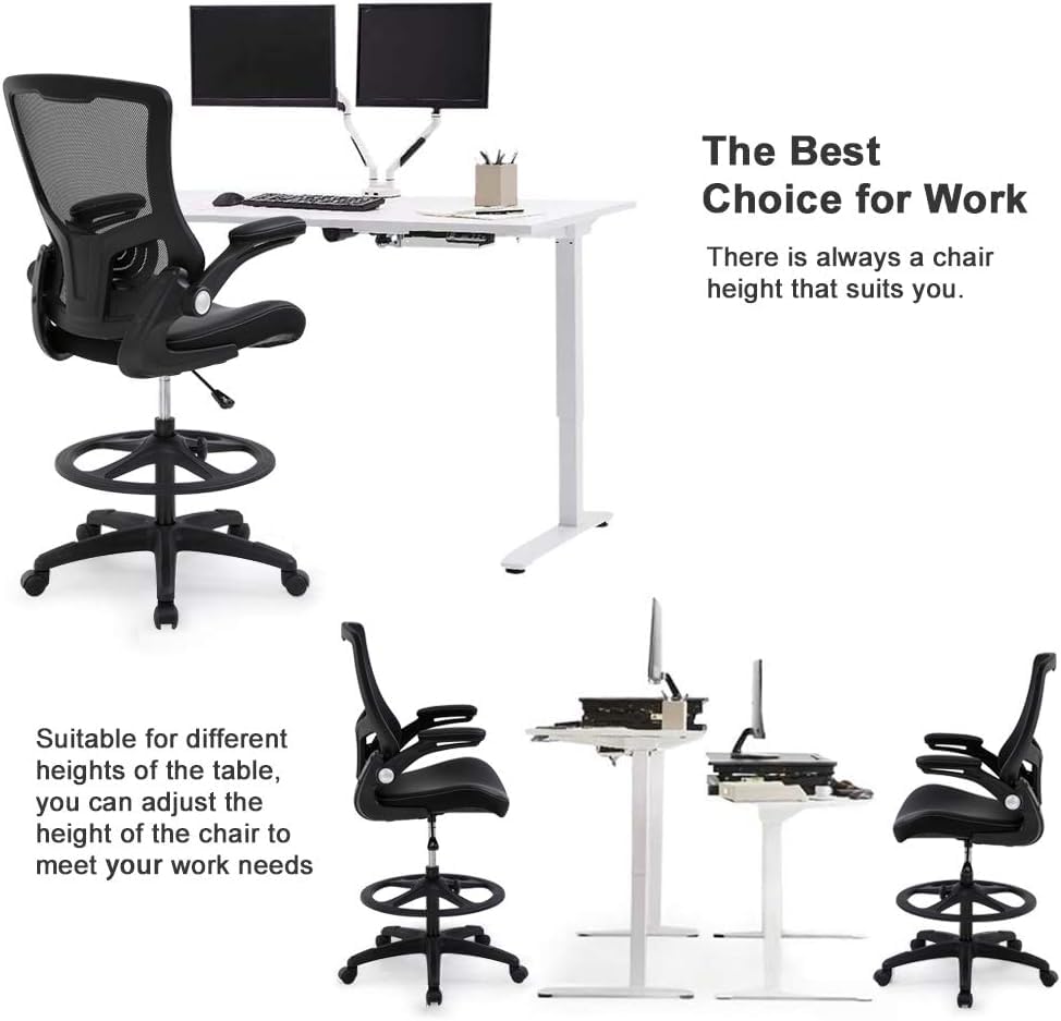 Ergonomic Drafting Chair with Flip-Up Arms, Foot Rest & Adjustable Height - Mesh Office Chair for Standing Desk - Black - Perfect for Architects, Artists & Home Office Workspaces