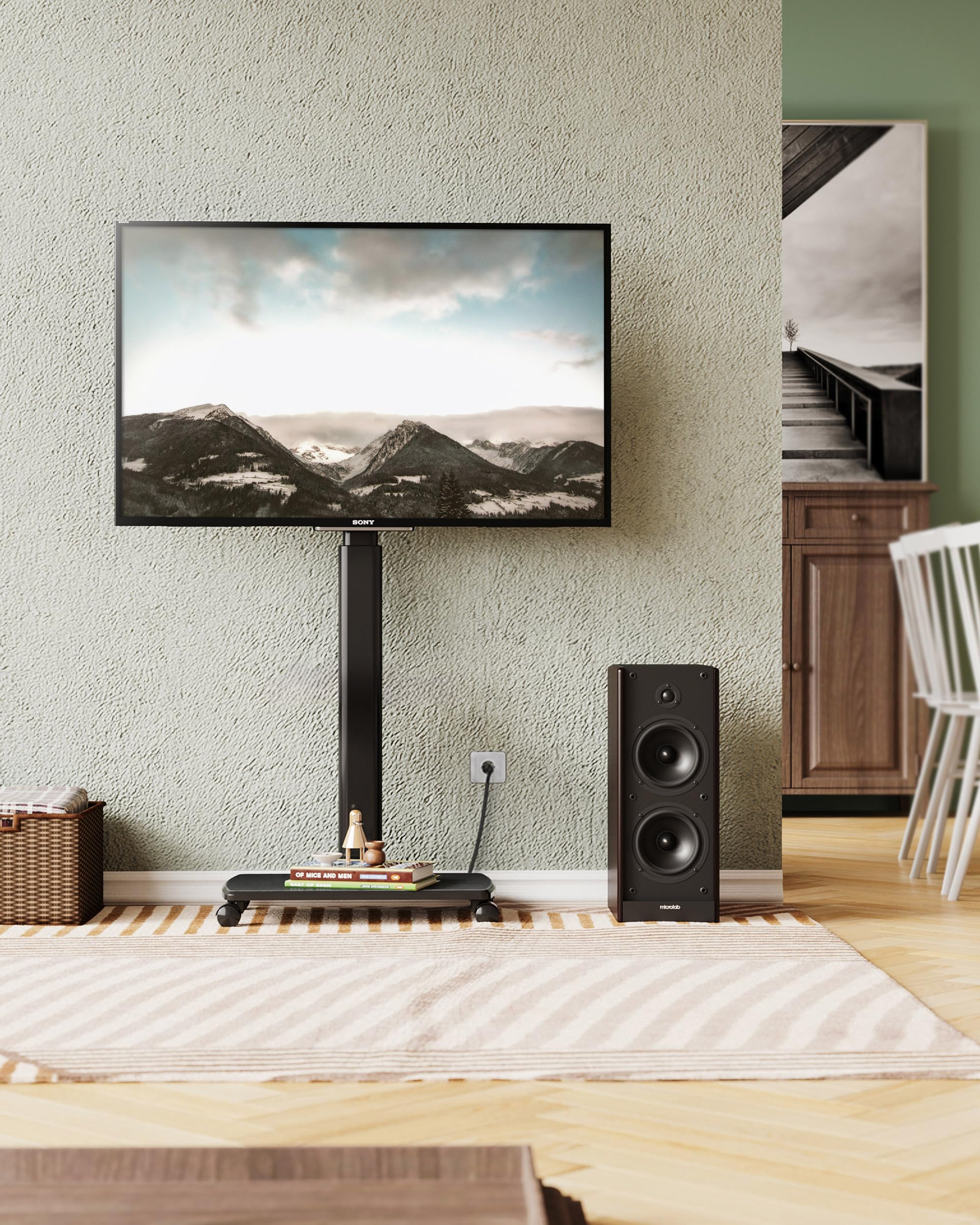 FITUEYES Rolling TV Stand with Power Outlets - Swivel Mobile TV Cart for 32-70 Inch Flat/Curved Screens (LCD/LED/OLED) - Height Adjustable with Wood Base - Supports up to 99Lbs - Black - Perfect for Living Rooms, Bedrooms & Home Theaters