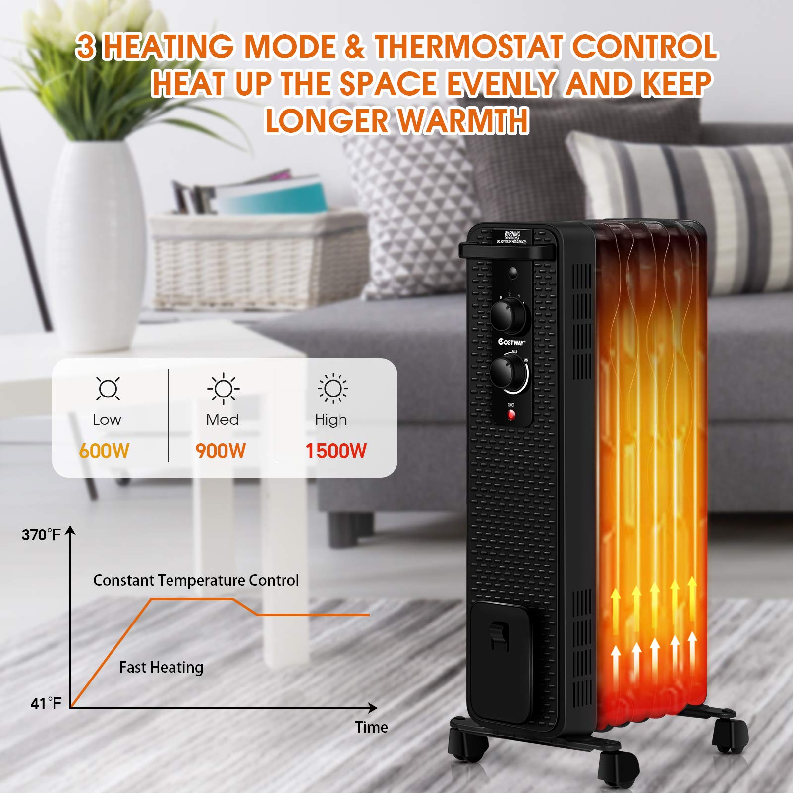 COSTWAY 1500W Oil Filled Radiator Heater - Portable Electric Space Heater with 3 Heat Modes, Adjustable Thermostat, Tip-Over & Overheat Protection - Energy Efficient Indoor Heater for Home, Office, Bedroom & Living Room - Perfect for Winter Heating & Home Office Warmth