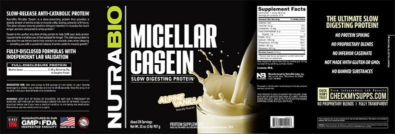 NutraBio Micellar Casein Protein Powder - Slow Digesting Muscle Growth Supplement with Essential Amino Acids - Non-GMO, Gluten & Soy Free - 2 lbs Vanilla Flavor for Post-Workout Recovery & Overnight Muscle Repair