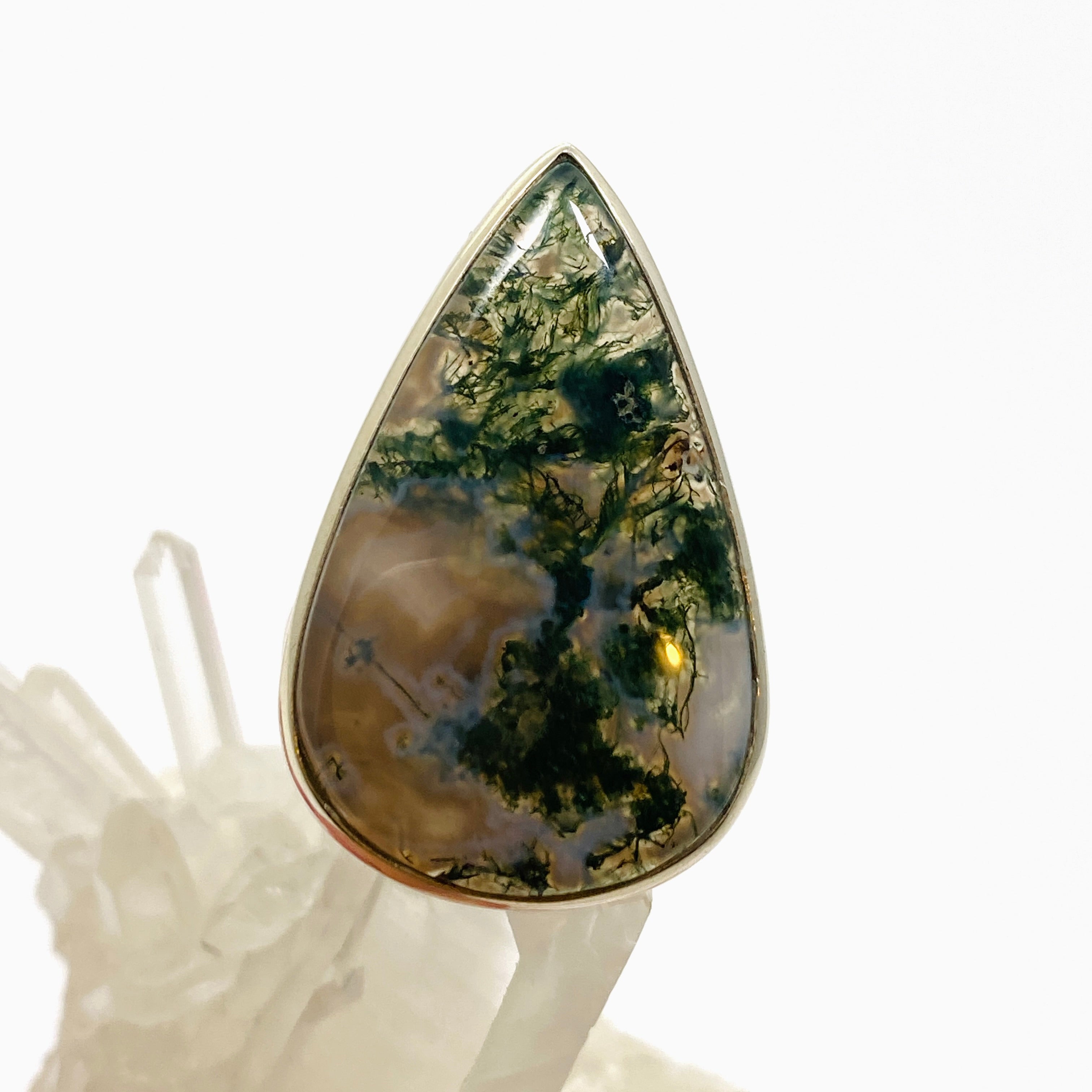 Natural Moss Agate Teardrop Cabochon Ring - Size 11 | Handmade Sterling Silver Jewelry for Women | Perfect for Boho Style, Wedding & Everyday Wear