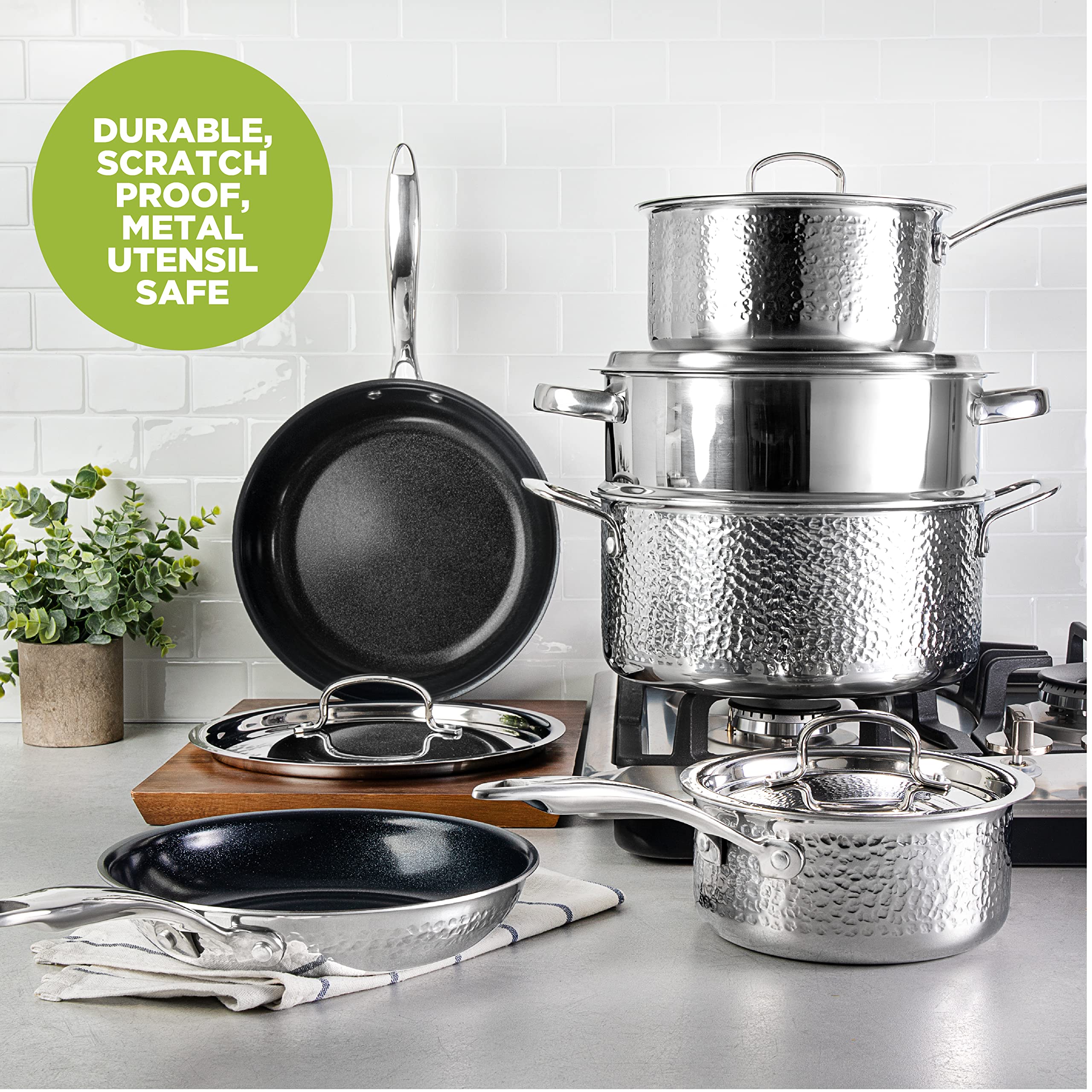 Granitestone Hammered Stainless Steel Cookware Set - 12-Piece Tri-Ply Premium Ceramic Nonstick Pots & Pans with Hammered Finish | Includes Frying Pans, Stock Pots & Skillets | Perfect for Home Cooking, Professional Chefs & Gift Giving