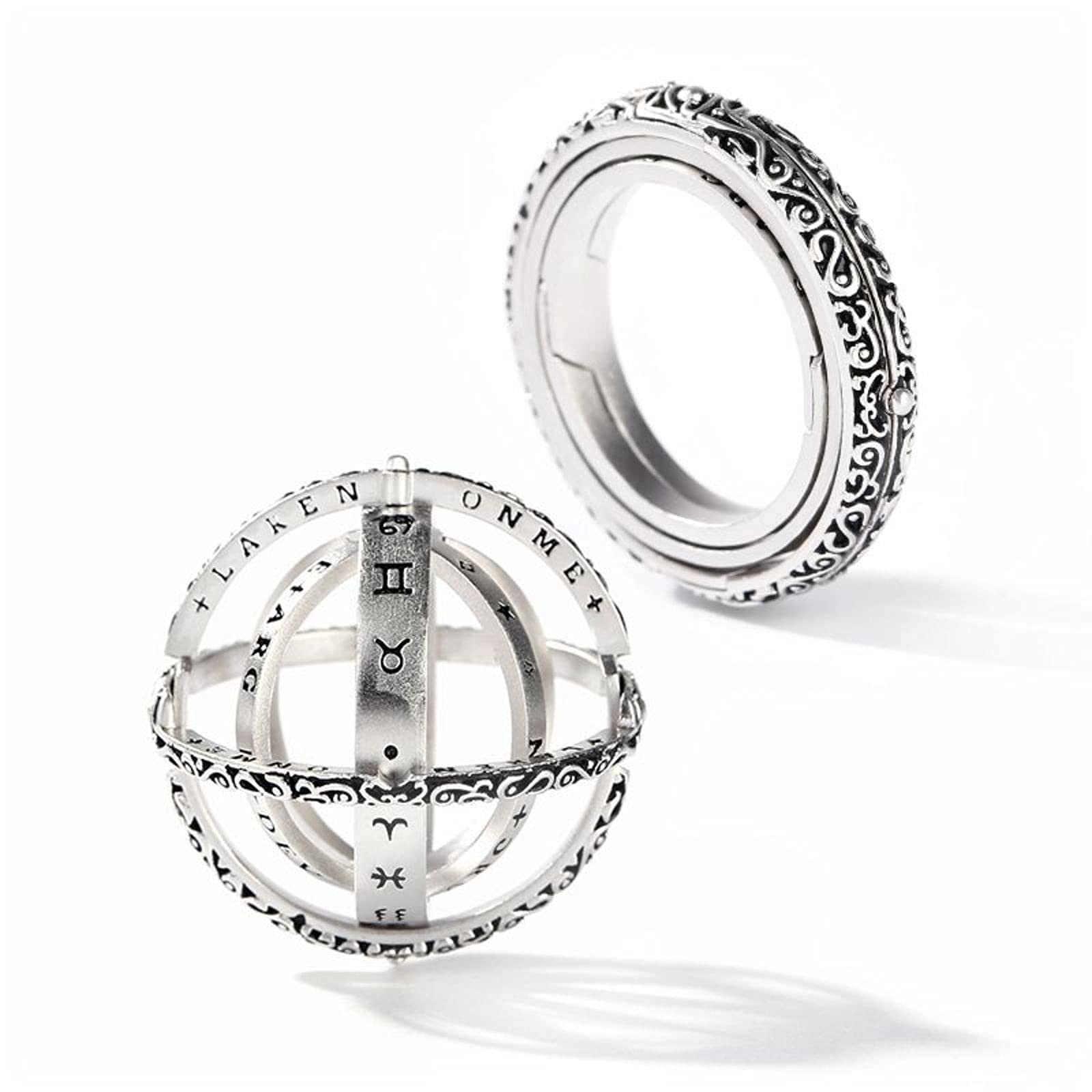 Jeulia Open Astronomical Sphere Ball Ring for Men & Women - 925 Sterling Silver Foldable Comic Finger Ring with Free Chain - Couple Lover Jewelry Gift for Anniversary, Valentine's Day & Romantic Occasions