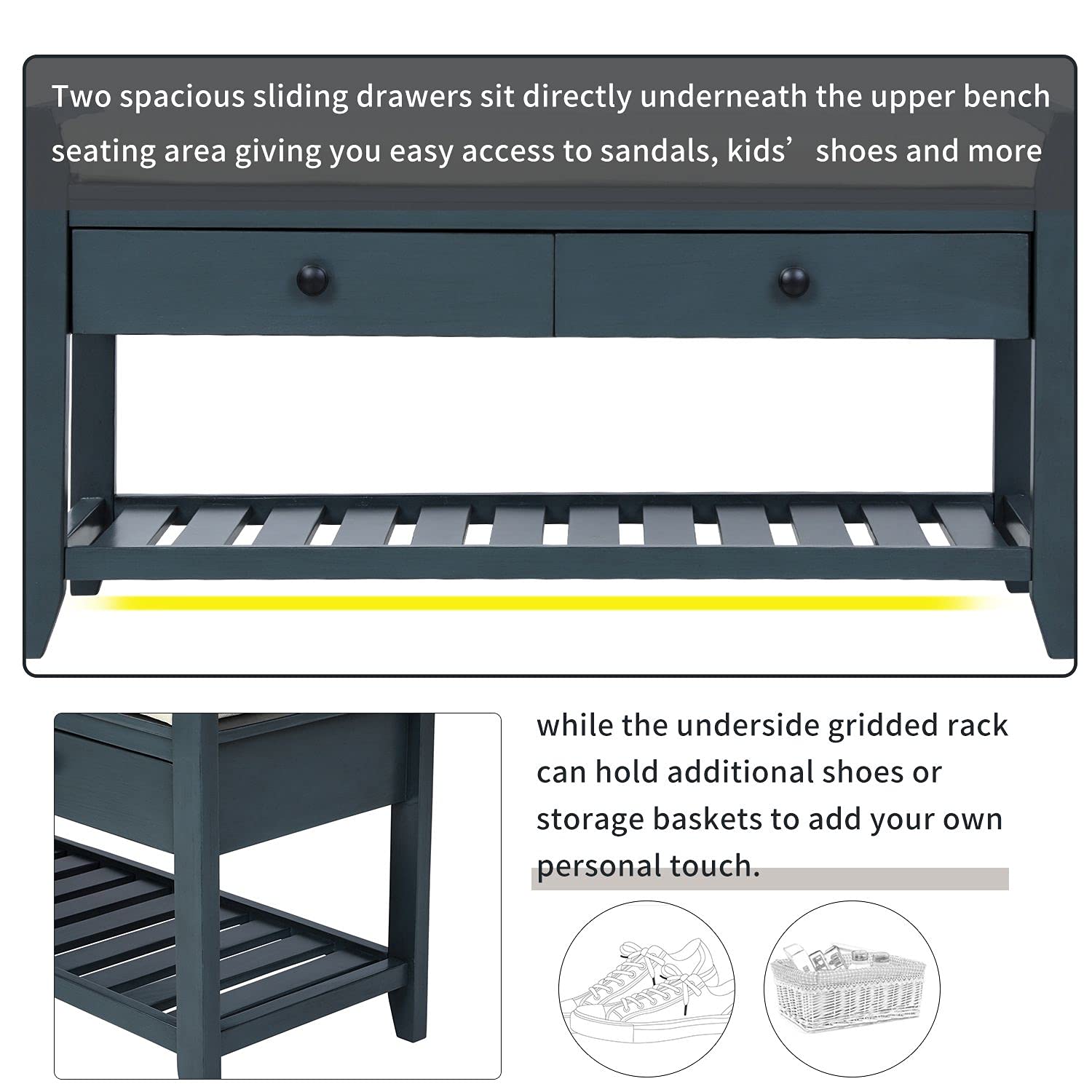 Multipurpose Storage Bench with Cushioned Seat & Drawers - Shoe Rack, Entryway Organizer for Hallway, Bedroom & Living Room | Durable Home Furniture
