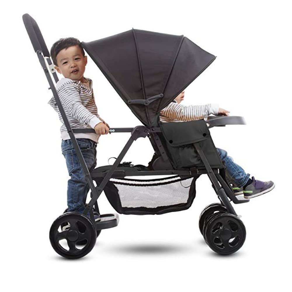 Joovy Caboose Sit and Stand Double Stroller - Black | 3-Way Reclining Seats, Rear Bench & Standing Platform | Universal Car Seat Adapter | Perfect for Twins, Siblings or Toddlers | Ideal for Shopping, Park Outings & Family Walks
