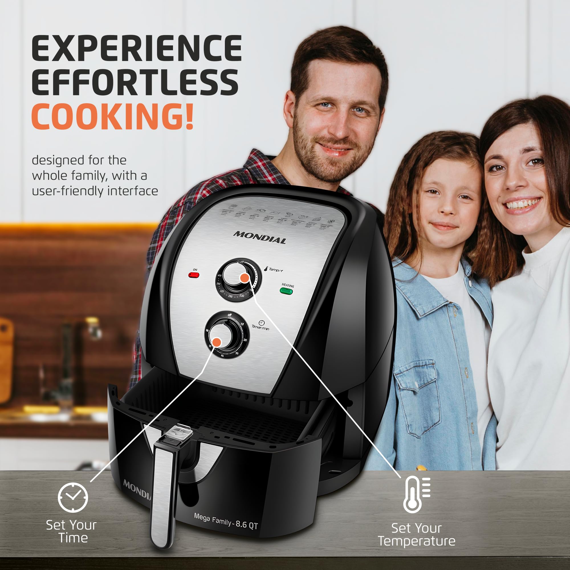 8.6 Quart Large Air Fryer with Quick Heat Circulation - 1800W, 2 Dial Controls, Removable Square Basket - Low Fat, Healthy Cooking for Family Meals, Snacks & Parties - Black