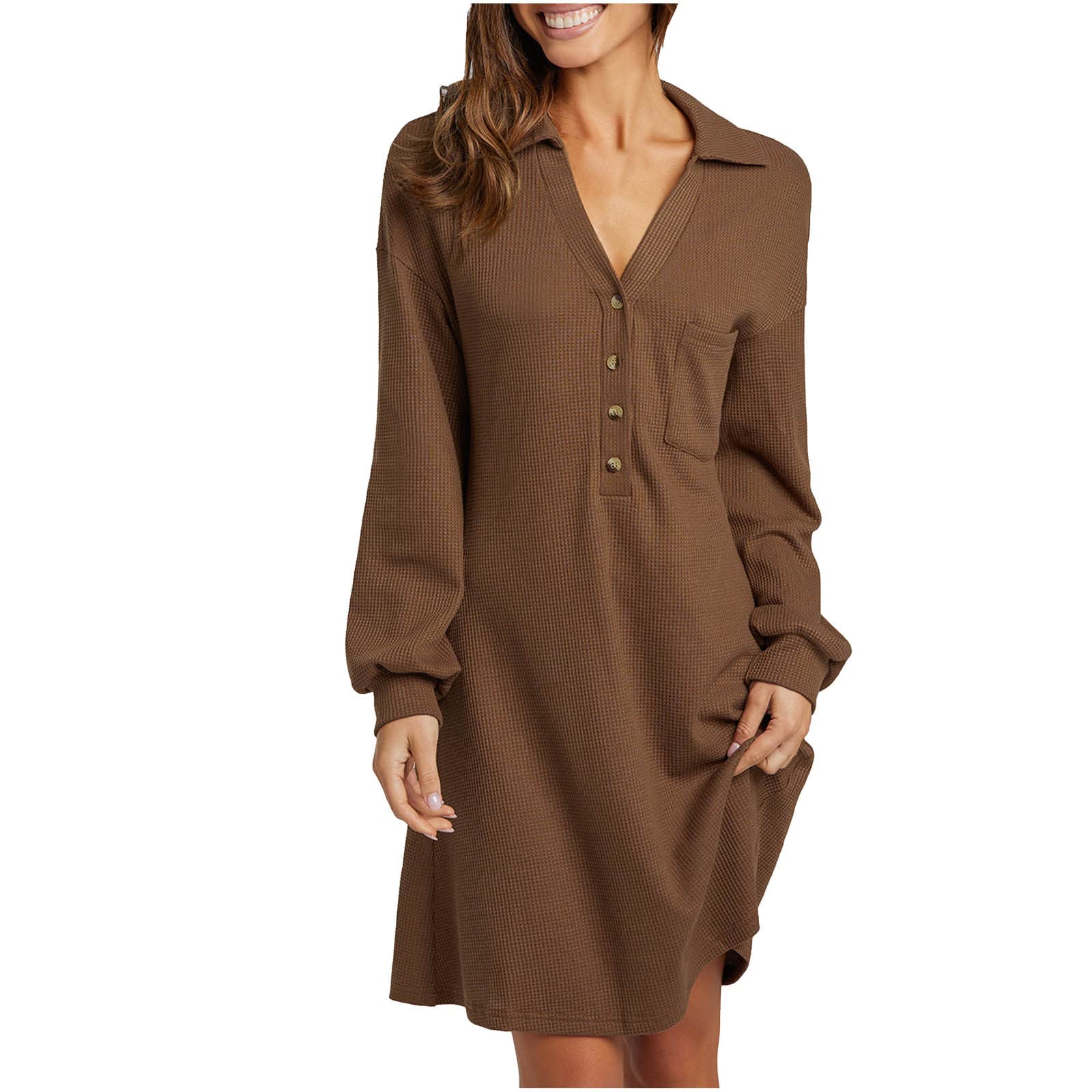 Women's Casual Long Sleeve Lapel Tunic Dress - Fall Waffle Knit Swing Dress with Pocket | Loose Fit Solid Color T-Shirt Dress for Everyday Wear, Office & Weekend Outings