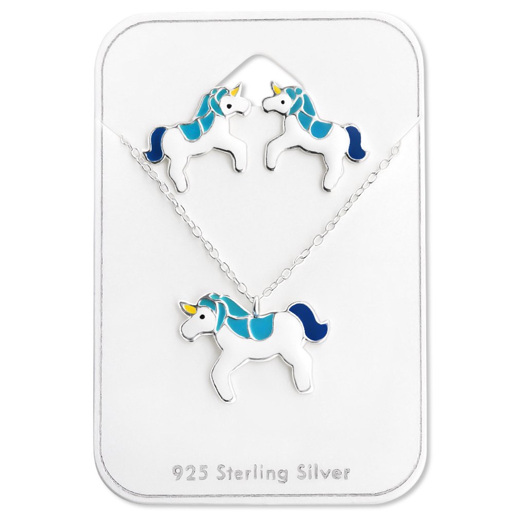 ICYROSE 925 Sterling Silver Cute Small Blue Unicorn Necklace & Stud Earrings Set - Perfect for Birthday Gifts, Valentine's Day & Everyday Wear for Women & Girls