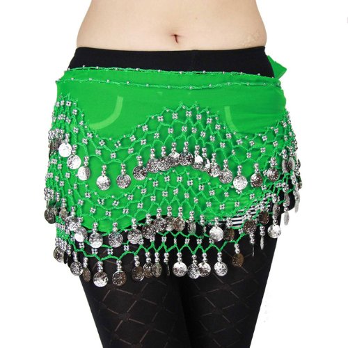 Elegant Chiffon Belly Dance Hip Scarf with Silver Coins - Vogue Style Green for Women's Dance Performance & Costume Accessories | Perfect for Belly Dancing, Yoga, Fitness, and Stage Shows