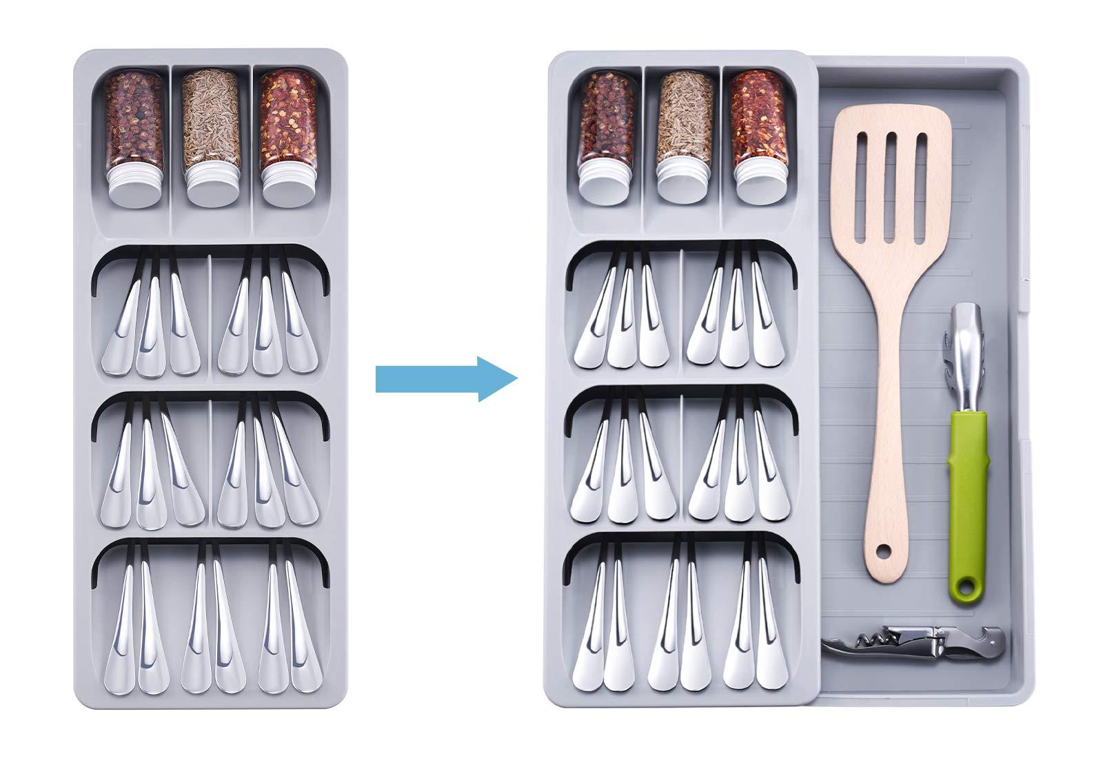 2-Pack Expandable Kitchen Drawer Organizer Set - Adjustable Cutlery Tray & Utensil Holder - Gray Drawer Dividers for Silverware, Flatware, Knives, Spoons - Perfect for Kitchen Organization & Space Saving