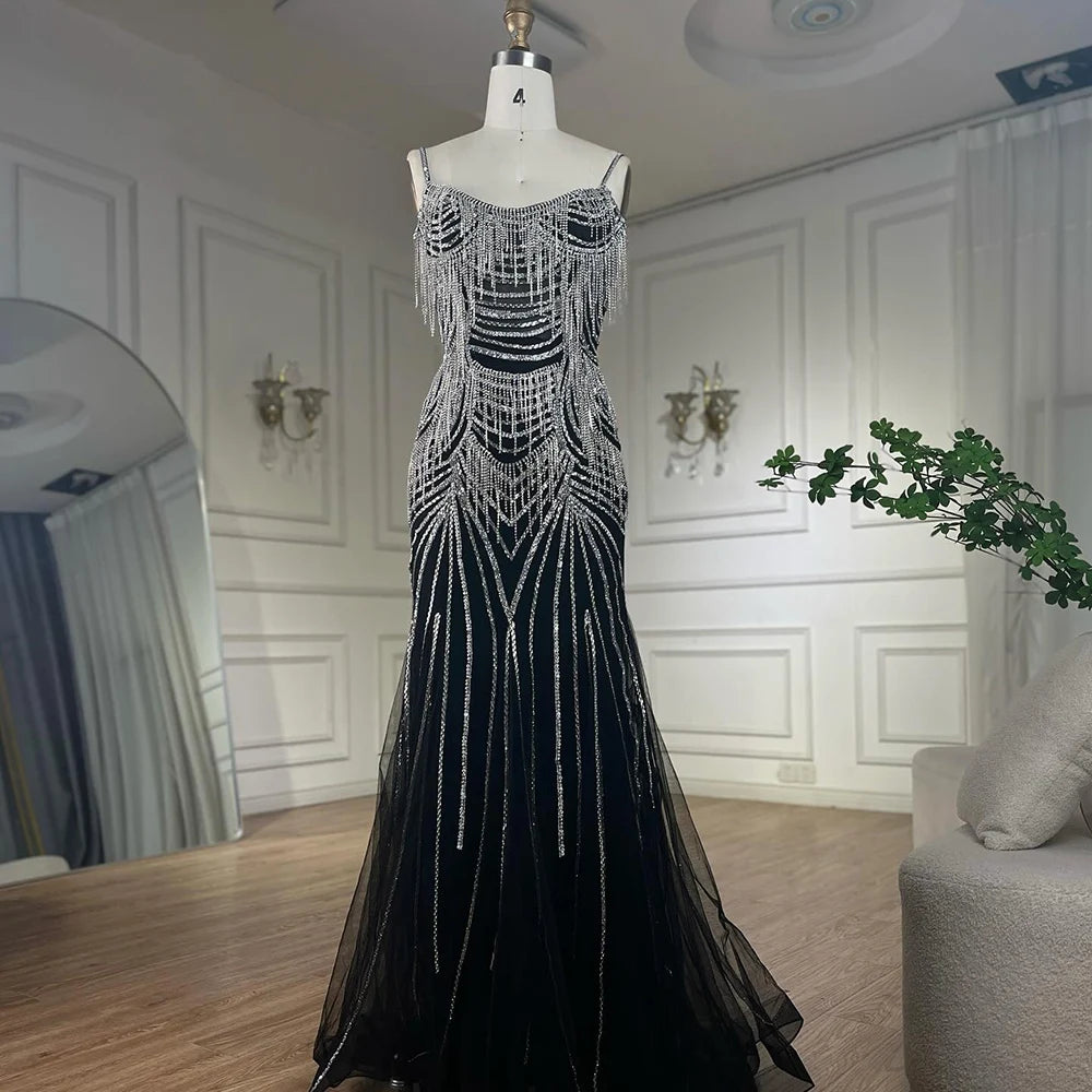 Elegant Silver Nude Spaghetti Strap Mermaid Evening Gown with Beaded Tassels - Dubai Luxury Formal Dress for Prom, Gala & Special Occasions - LA72772