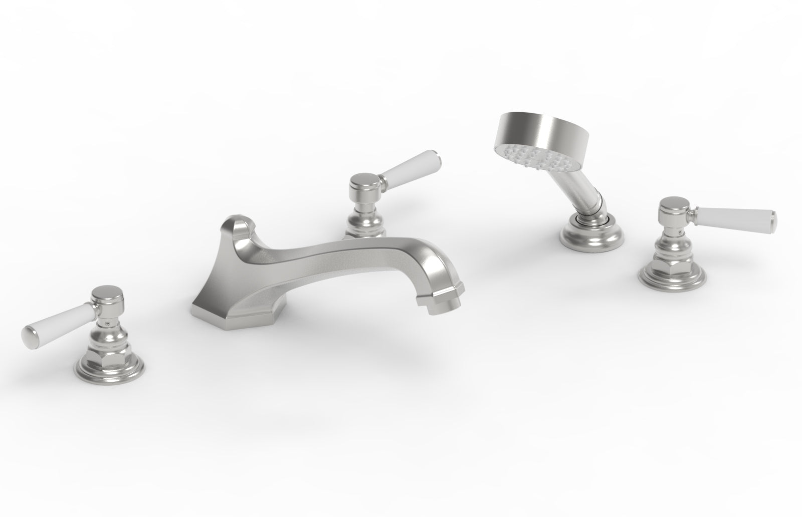 HEX TRADITIONAL Deck Mount Bathtub Faucet Set with Hand Shower - Satin White Finish & Lever Handles (Model 500-49) - Perfect for Modern Bathroom Renovations & Spa-Like Shower Experience