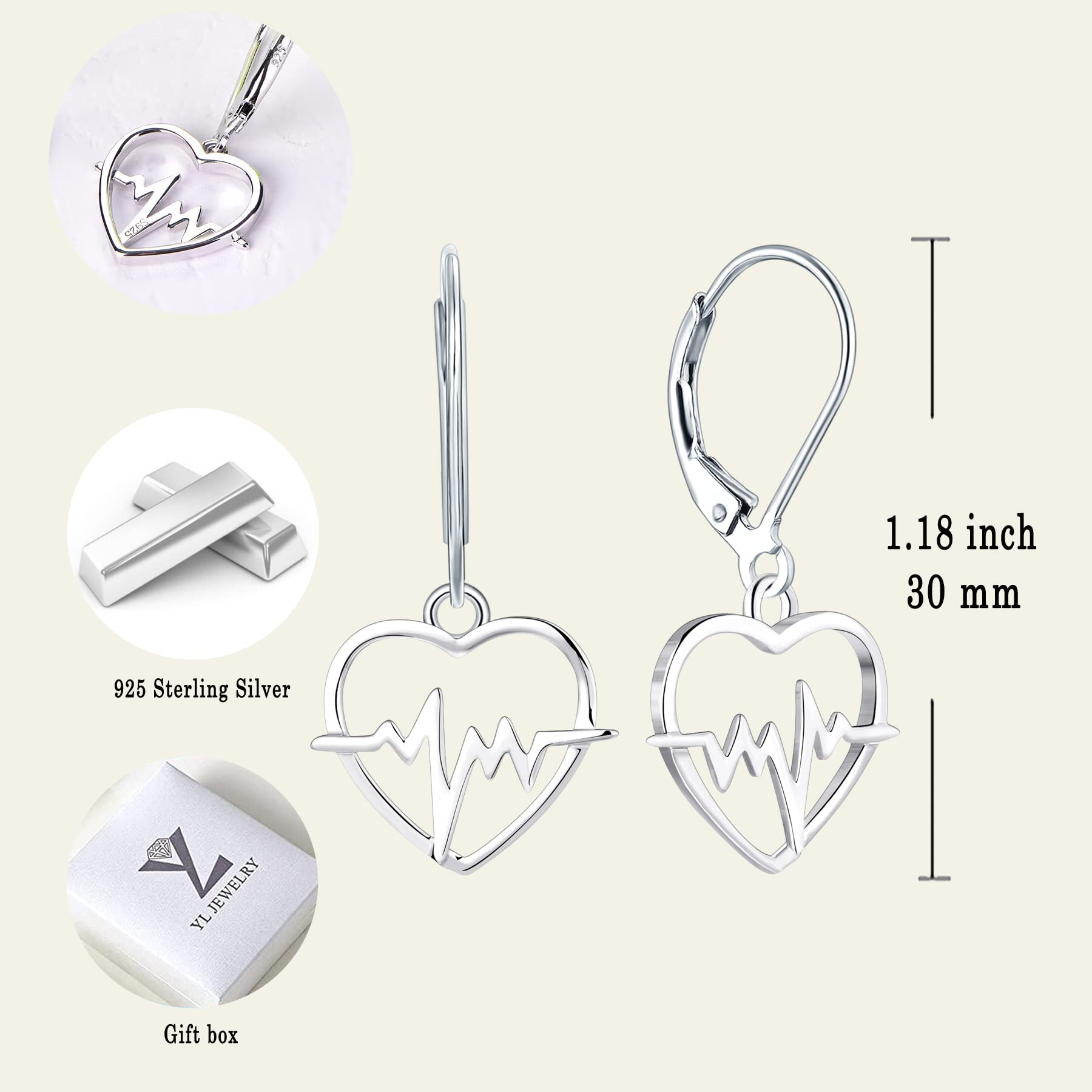 YL Sterling Silver Heartbeat Pendant Necklace & Love Heart Earrings Set - Romantic Polished Jewelry for Women, Perfect Gift for Valentine's Day, Anniversary or Birthday