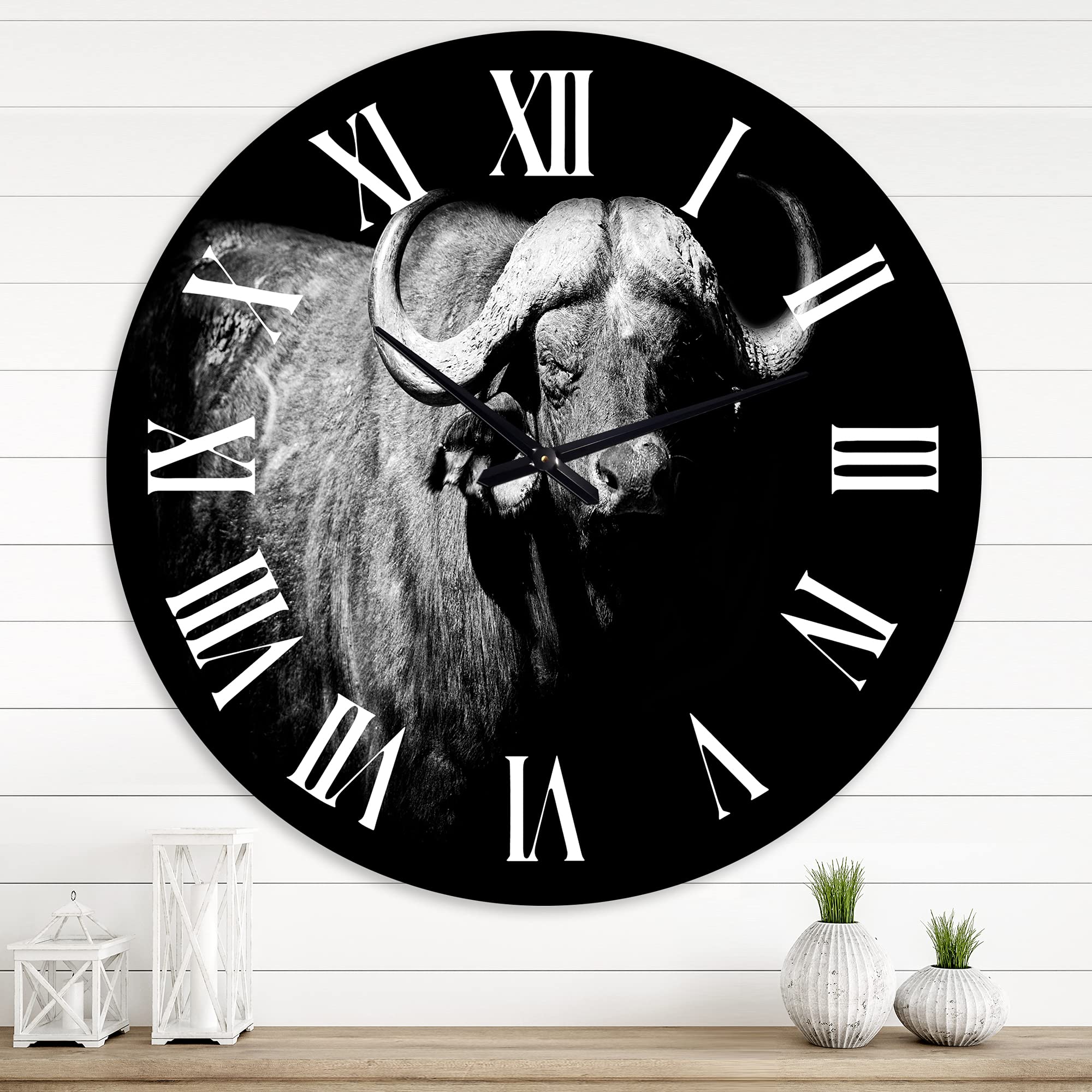 Farmhouse Wall Clock 'Monochrome Buffalo Portrait' - Large Rustic Animal Wall Clock for Bedroom, Living Room & Kitchen Decor - Perfect for Farmhouse, Vintage & Modern Home Décor