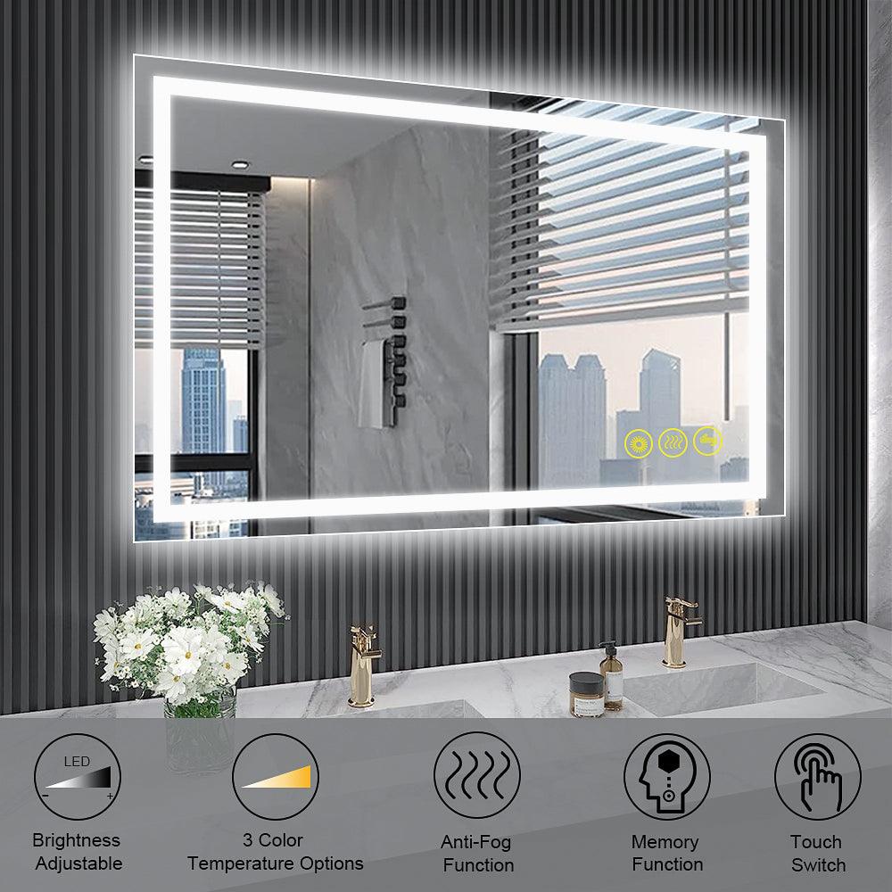 GlareGuard Rectangular Anti-Fog Dimmable LED Bathroom Mirror with Backlit - Perfect for Makeup, Shaving & Skincare Routine