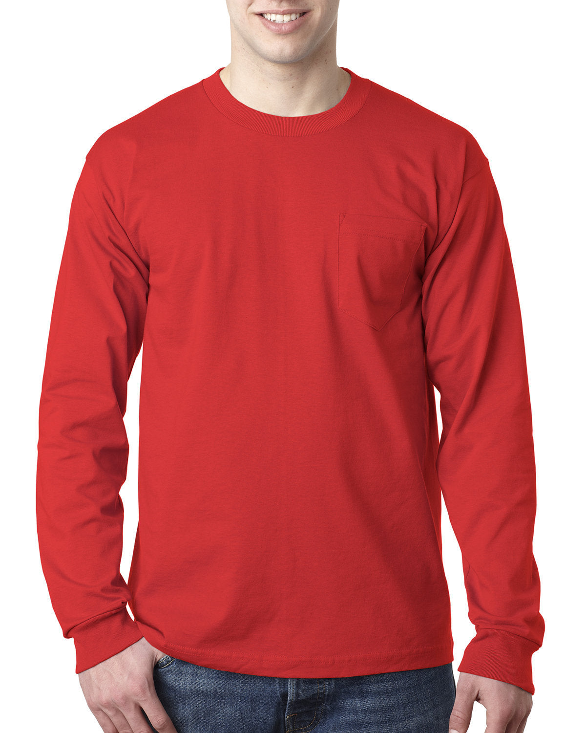 Bayside BA8100 Men's 100% Cotton Long Sleeve Pocket T-Shirt - 6.1 oz Comfort Fit Casual Work Shirt for Everyday Wear, Outdoor Activities & Layering