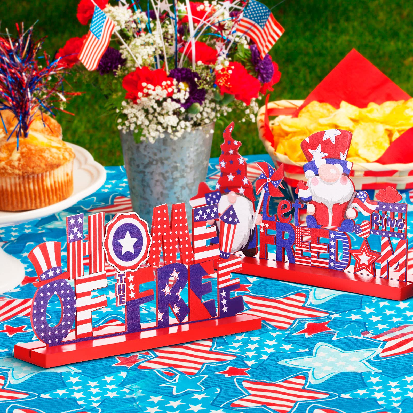 4th of July Wooden Table Centerpiece - 4-Piece Patriotic Table Decor Set with 