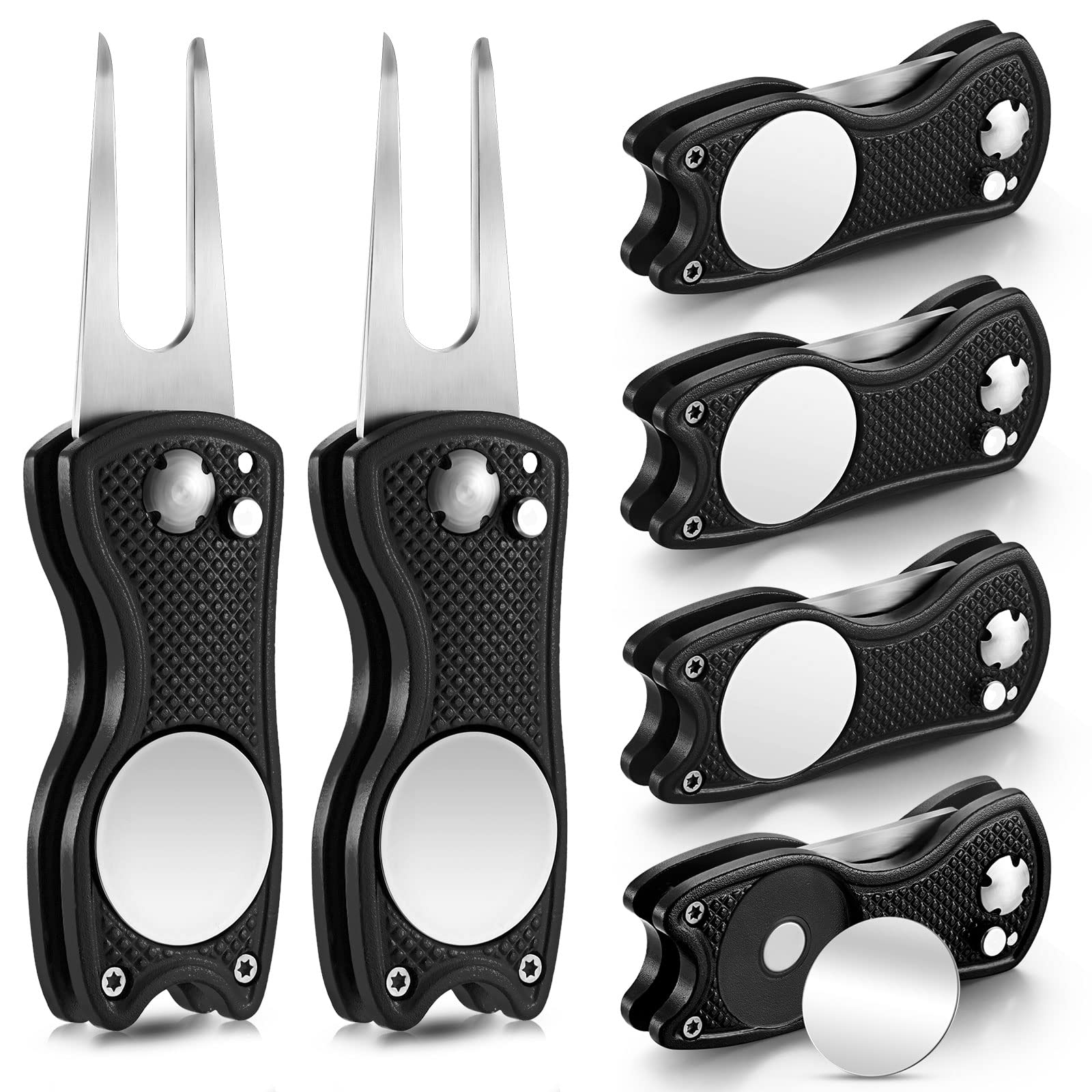 6 Pack Stainless Steel Golf Divot Repair Tool - Foldable, Magnetic Ball Marker & Button Tool for Golfers | Perfect for Greens, Practice & Tournament Use