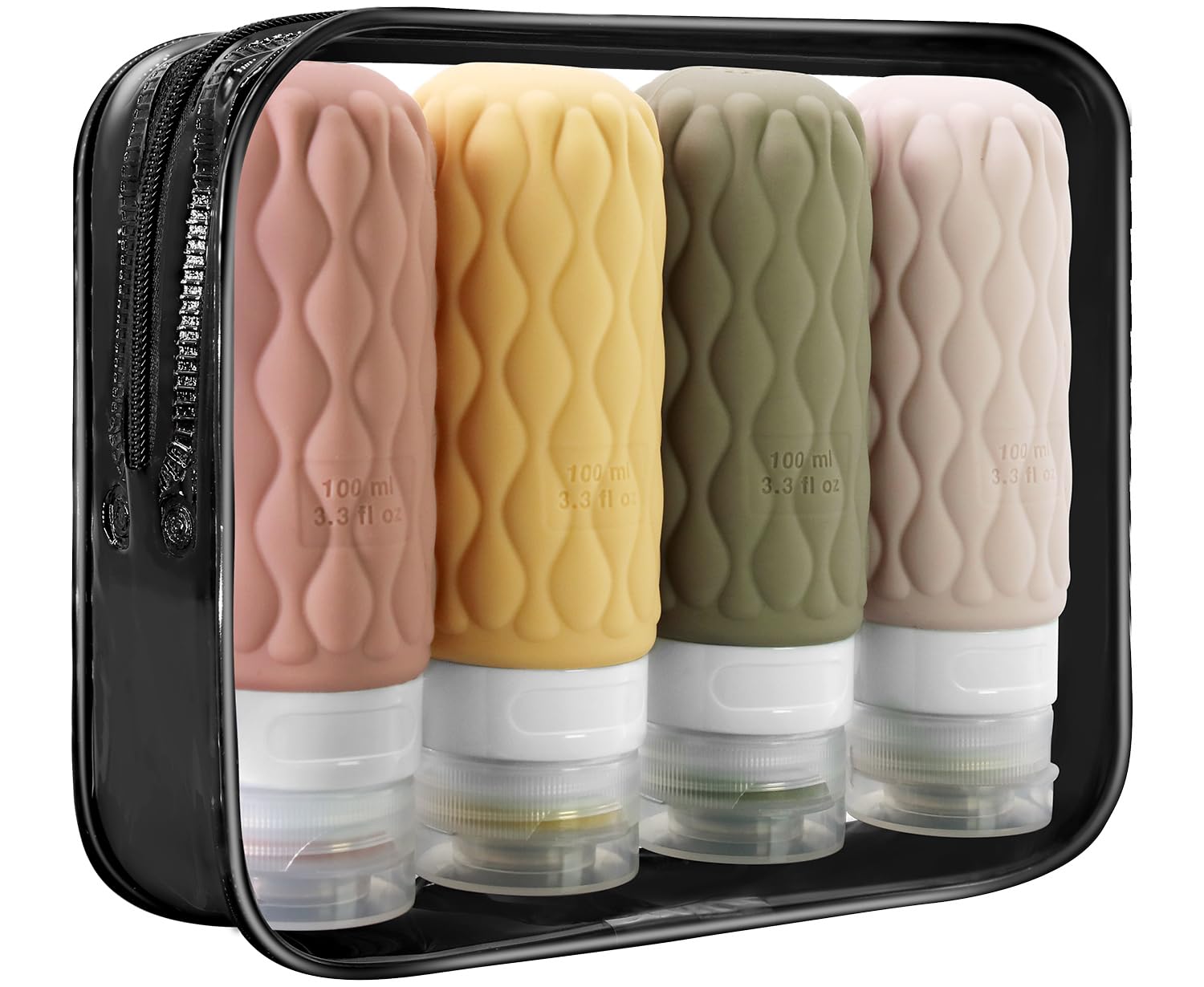 4 Pack 3.4oz TSA Approved Travel Bottles - Leak Proof Silicone Toiletry Containers with Clear Zipper Bag | Portable Squeezable Travel Size Bottles for Shampoo, Lotion & Cosmetics | Perfect for Airplane Carry-on, Gym & Vacation Essentials