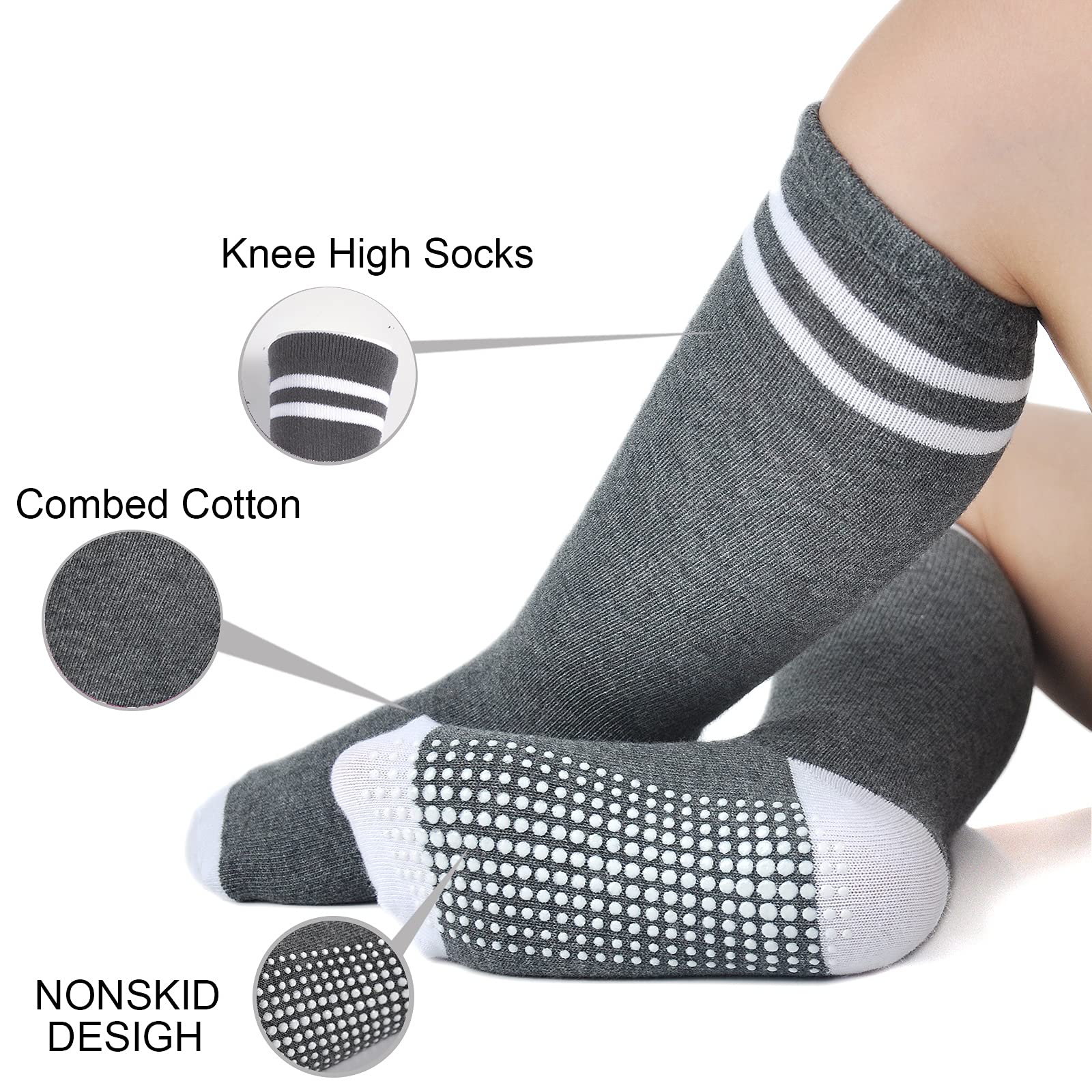 EPEIUS Non-Slip Knee High Socks for Toddlers - 5 Pack Athletic Striped Tube Socks for Boys & Girls - Perfect for Sports, School & Playtime
