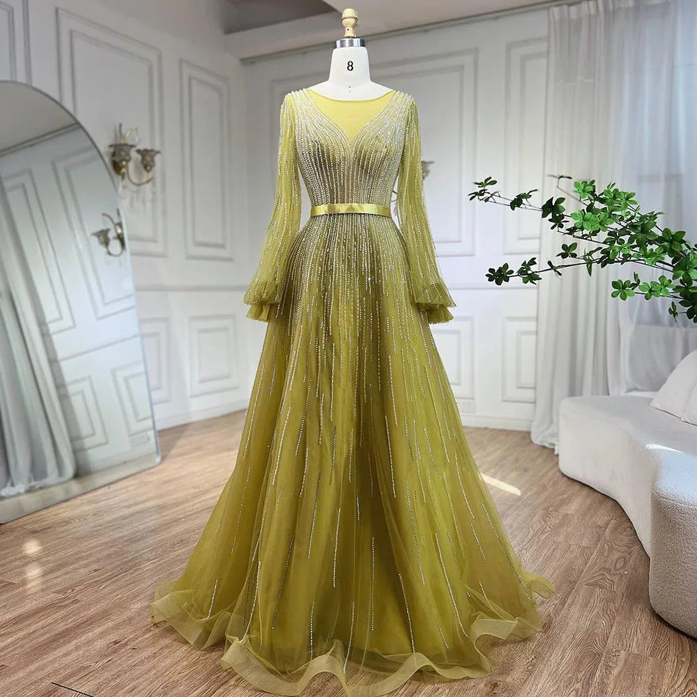 Elegant Beaded Arabic Yellow A-Line Evening Gown for Women - Luxury Dubai Wedding Party Dress 2025 | Perfect for Formal Events, Galas & Special Occasions