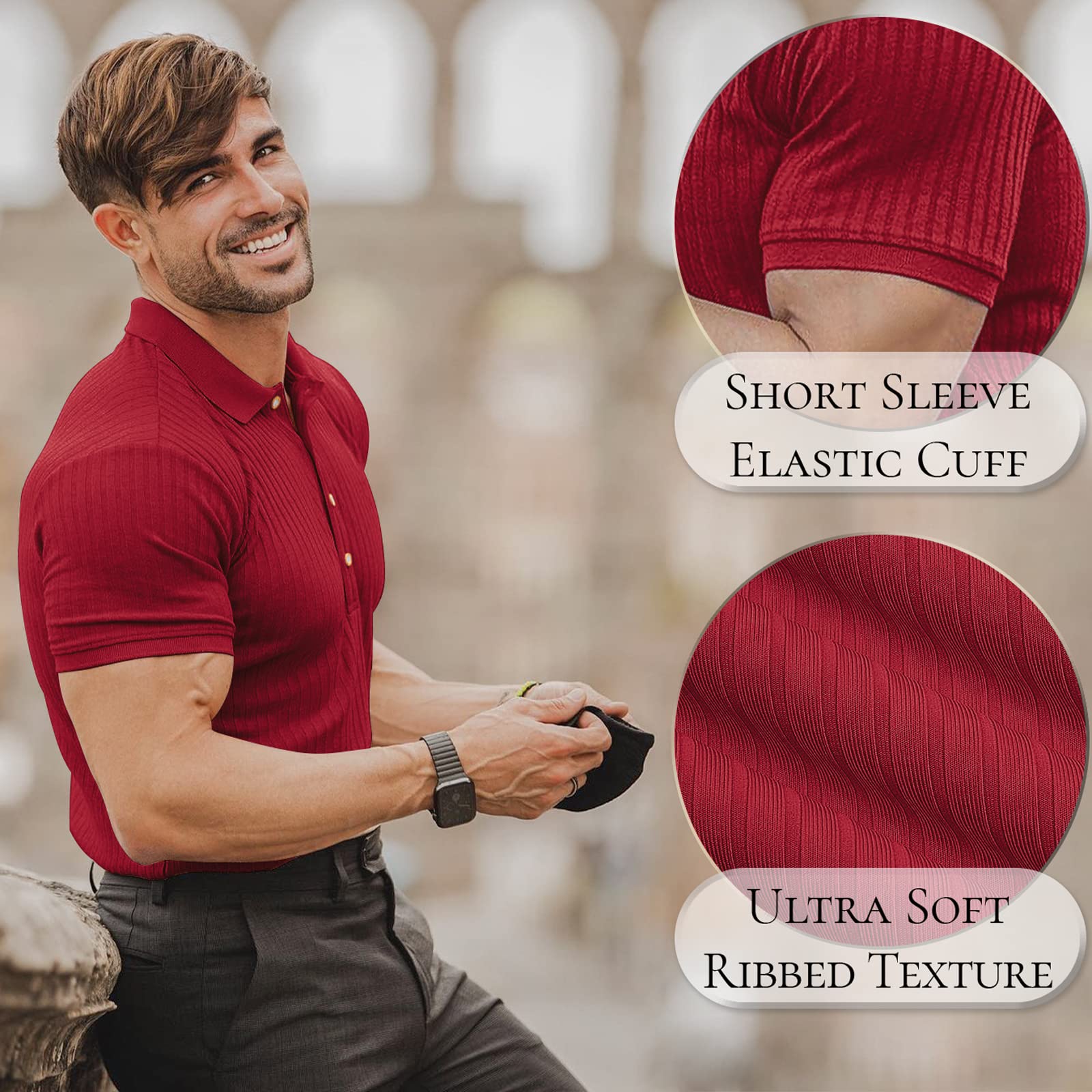 Men's Slim Fit Muscle Polo Shirts - Short Sleeve Ribbed Knit Golf & Bowling Shirts - Breathable Dry Fit Casual Tee for Sports, Work & Outdoor Activities