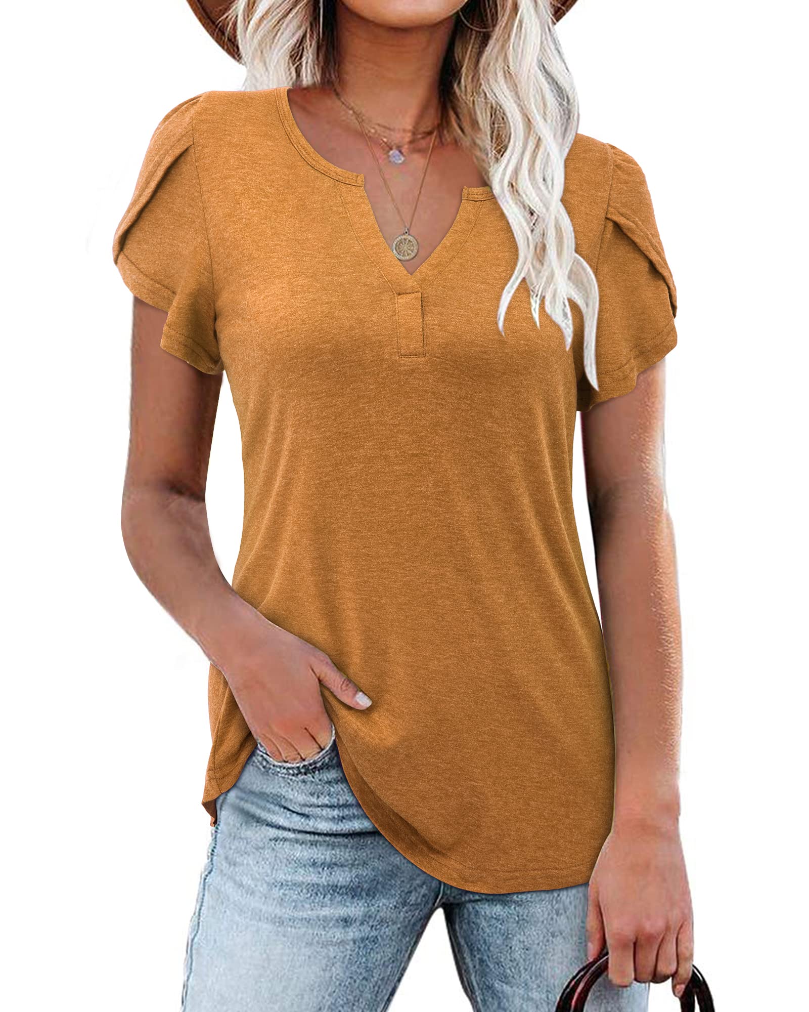 LAISHEN Women's V-Neck Short Sleeve Tunic Top with Petal Sleeves - Summer Casual Blouse for Work, Date Night & Outdoor Activities
