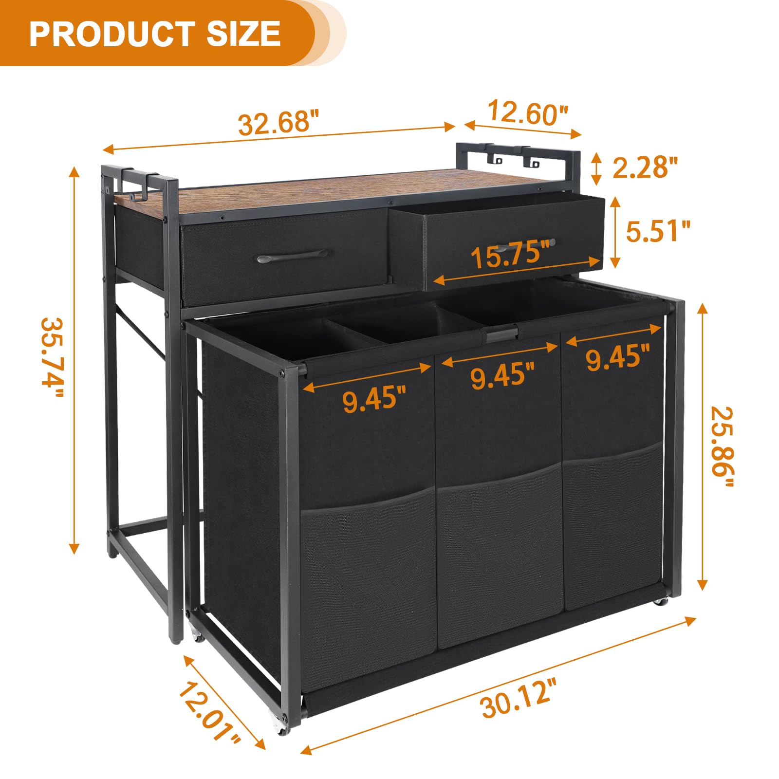 Extra Large Rolling Laundry Hamper with Wheels - 150L 3-Section Clothes Sorter with 2 Fabric Drawers & 3 Wash Bags for Dirty Laundry Storage | Perfect for Bedroom, Laundry Room & Dorm Organization