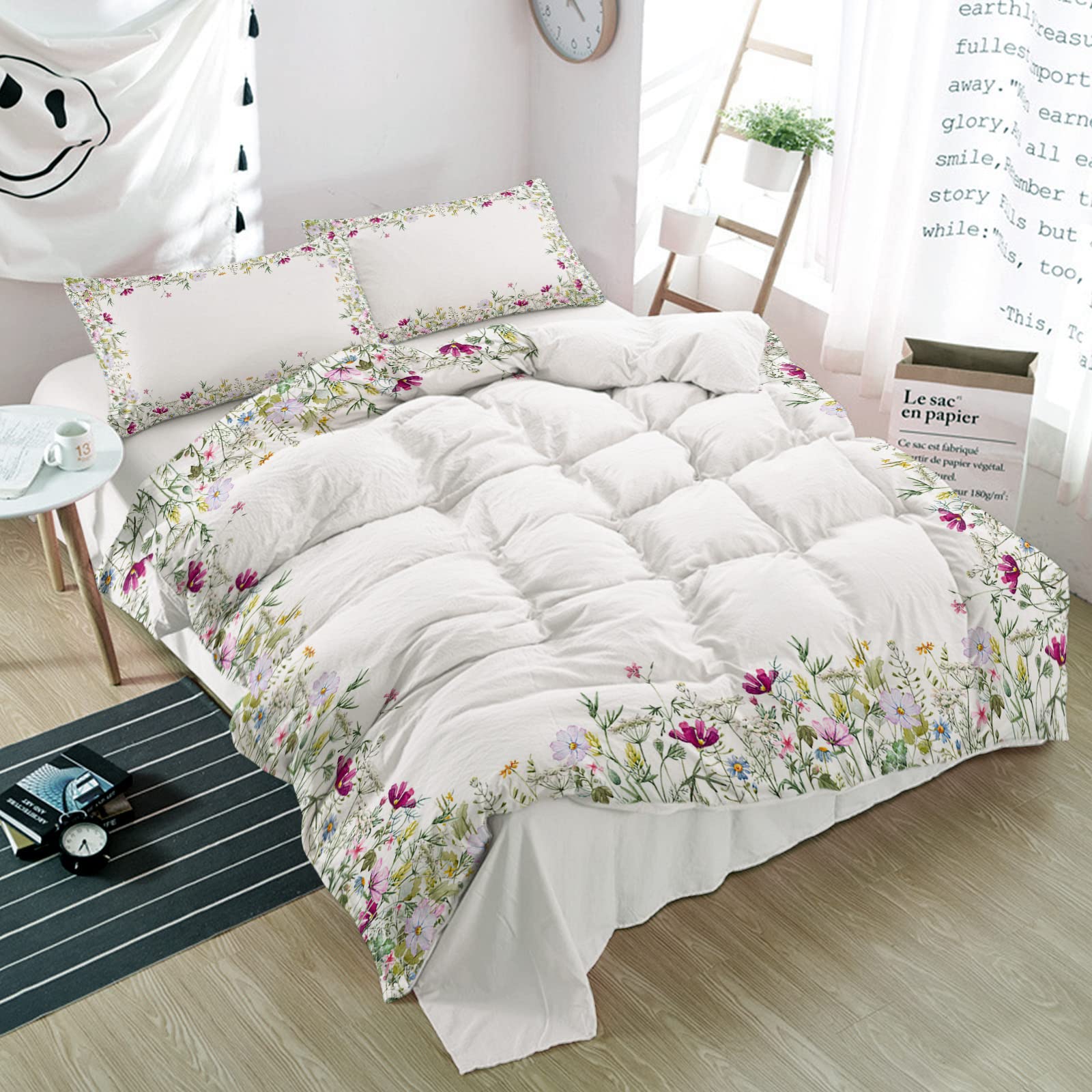 3-Piece Rustic Daisy Floral Duvet Cover Set with Green Leaf Foliage - Super Soft Luxury Quilt Cover & Pillowcases - Pastoral Watercolor Floral Design on White Microfiber - Full/Queen Size Bedding Set for Men & Women - Perfect for Farmhouse, Boho, or Cottage Style Bedrooms