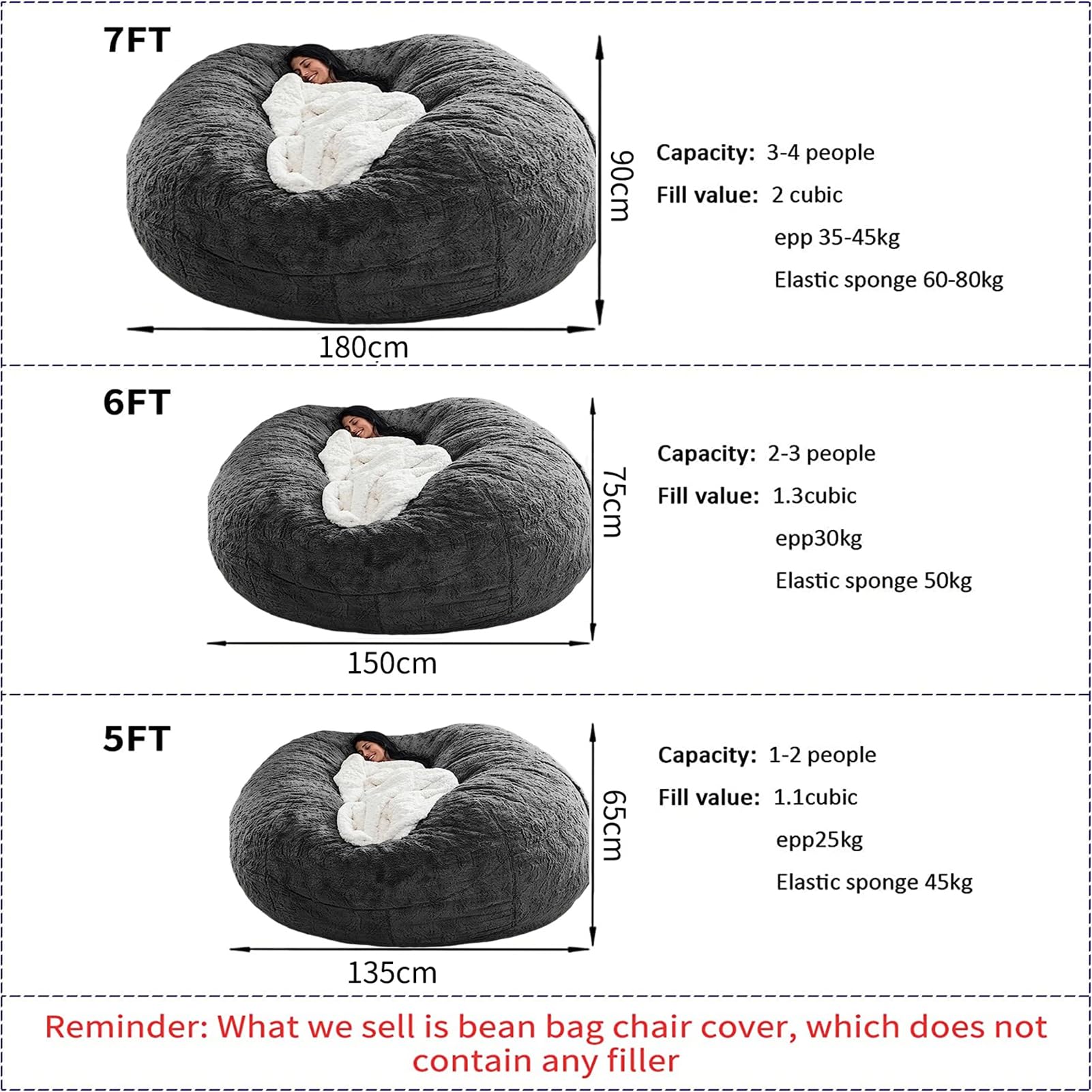 **6FT Giant Fluffy Bean Bag Chair for Adults & Kids - Comfy Round Lazy Sofa Cover Without Filling, Perfect for Reading, Lounging & Floor Seating - Grey**    *(Use Cases: Ideal for living rooms, bedrooms, game rooms, dormitories, and cozy reading nooks.)*