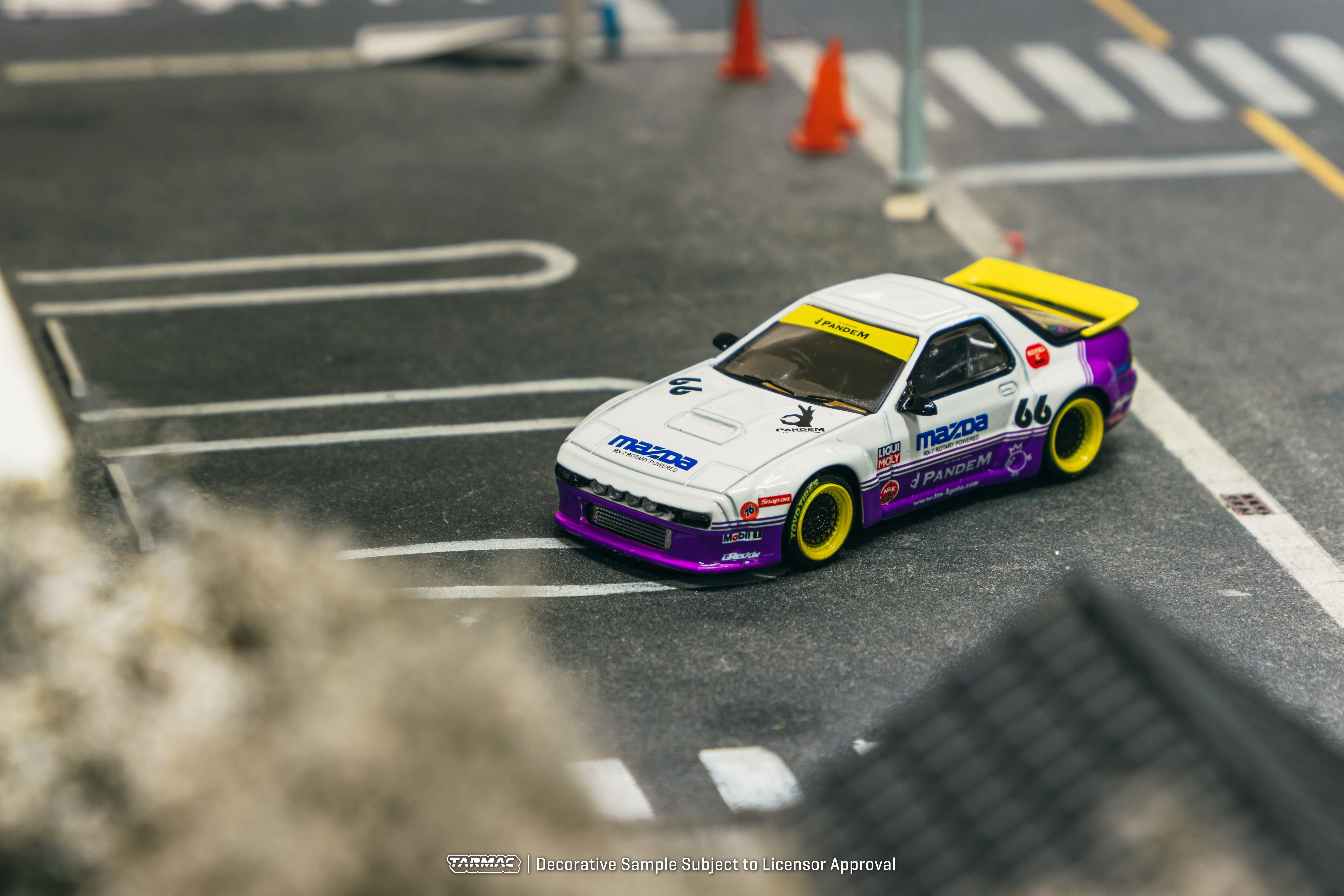 Tarmac Works 1/64 Scale Pandem Mazda RX-7 FC3S Diecast Model Car - White & Purple Hobby64 Collectible - Perfect for Display, Racing Games & Car Enthusiasts