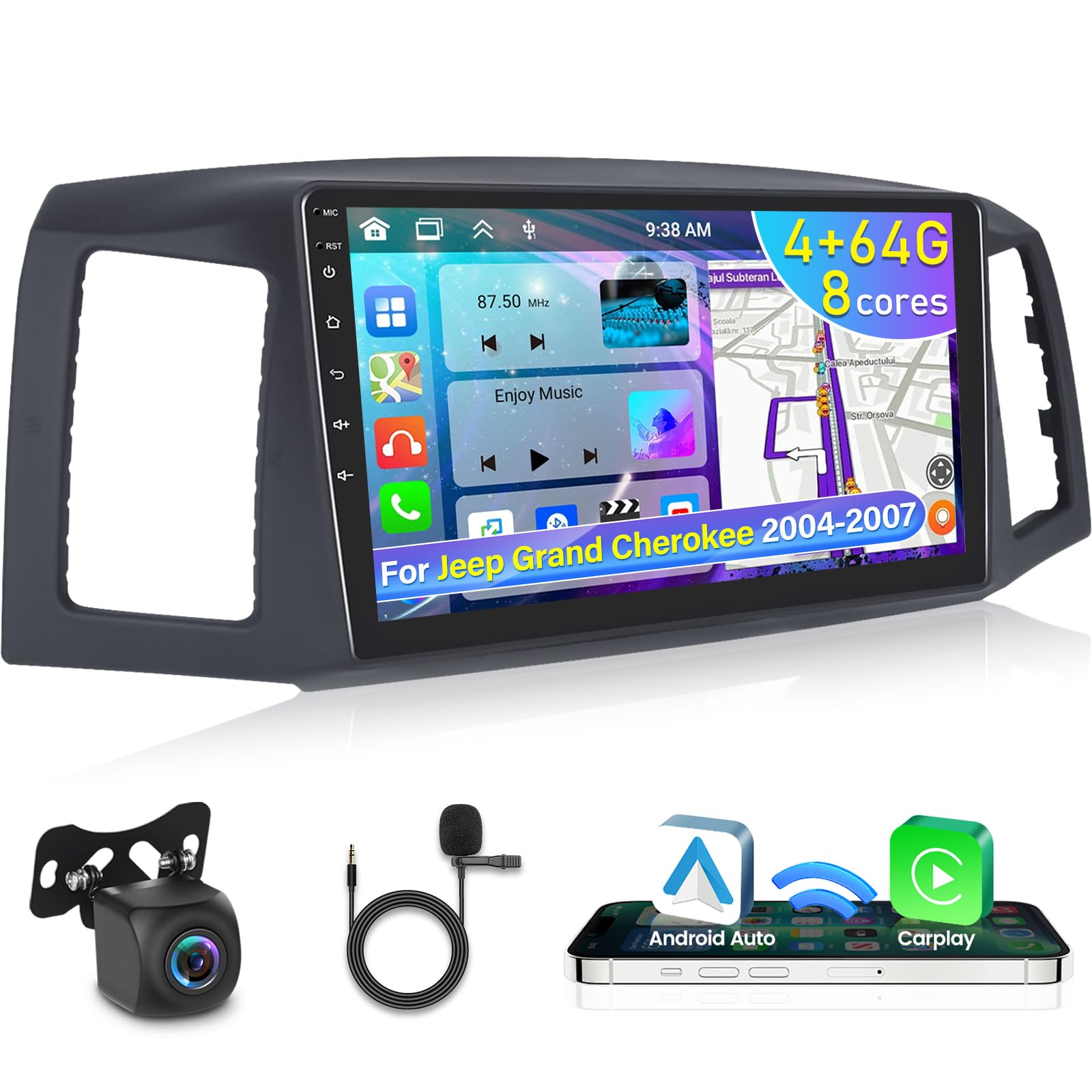 8-Core 4+64GB Android Car Stereo for Jeep Grand Cherokee 2004-2007 - 10.1 Inch IPS Touchscreen (1280x720) - Wireless CarPlay & Android Auto - DSP 32EQ / WiFi/GPS + AHD Backup Camera - Upgrade Your Ride with Smart Navigation & Entertainment