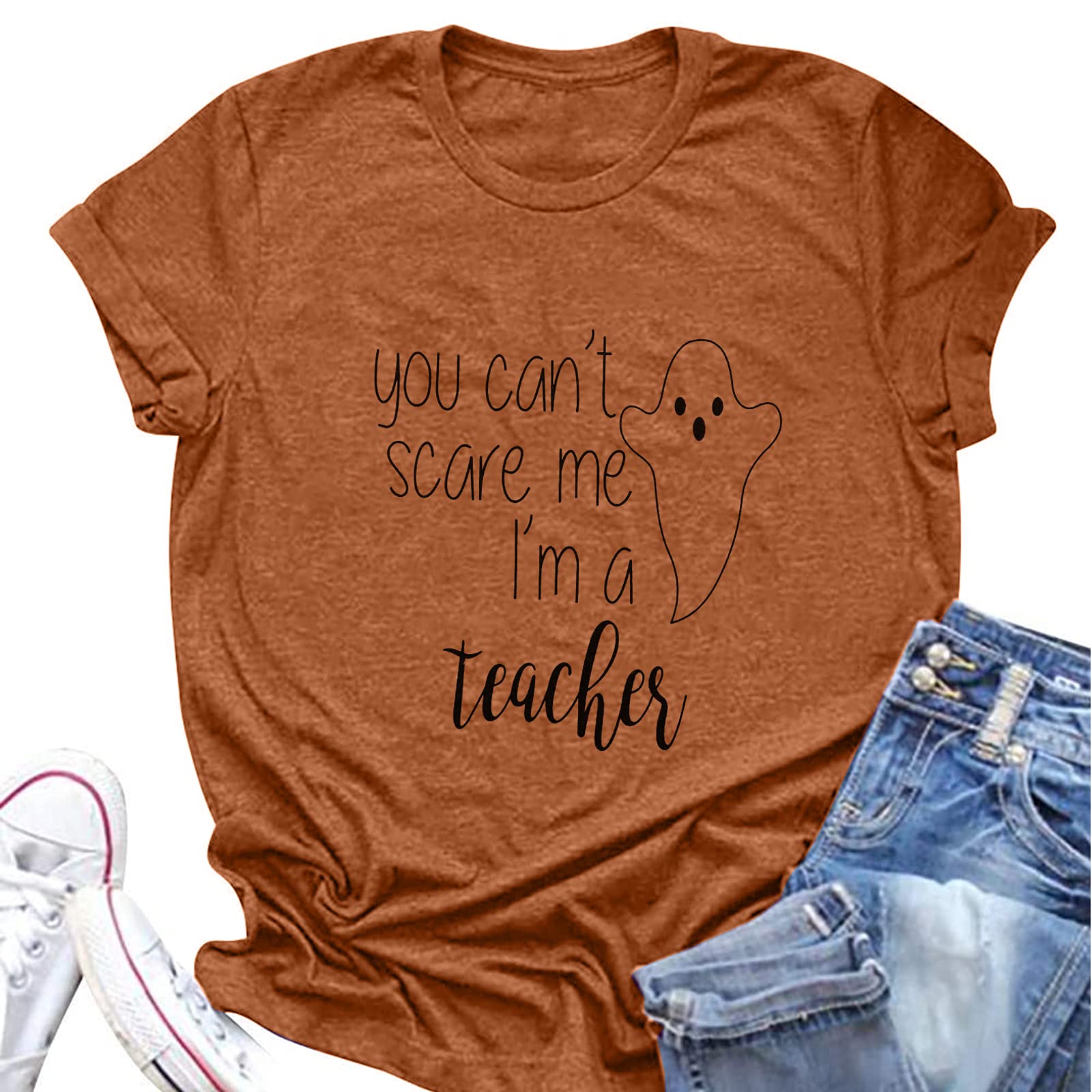 Halloween Teacher T-Shirt - 'You Can't Scare Me I'm a Teacher' Witch & Pumpkin Graphic Short Sleeve Tee - Perfect for Classroom, Halloween Parties & Teacher Appreciation