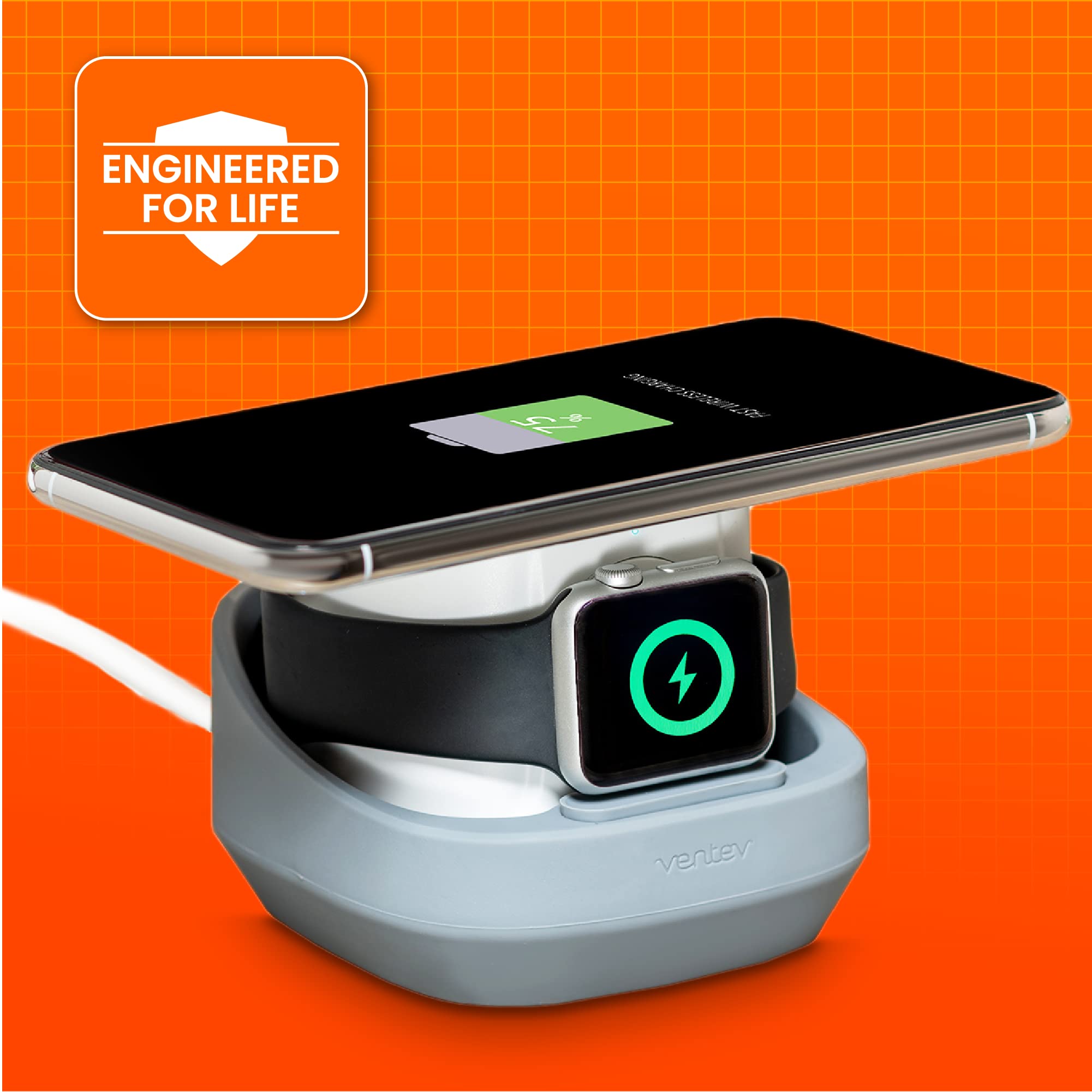 Ventev 2-in-1 Qi Certified Wireless Charging Station for iPhone 16/16 Pro/16 Pro Max/15/15 Pro/15 Pro Max/14/13/12 & Apple Watch | Fast Wireless Charger for Samsung Galaxy S23/S22/S21/Note 20 - White | Perfect for Bedside, Office & Travel Charging