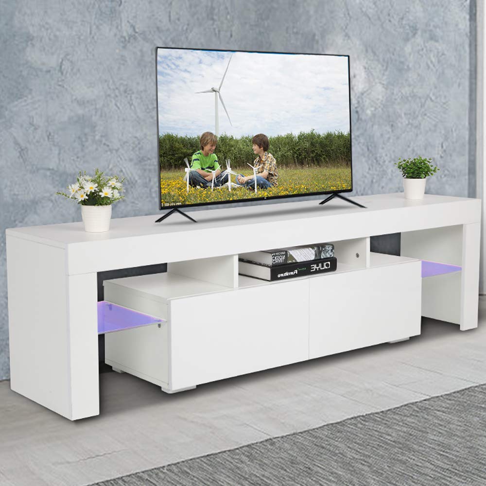 VINGLI White LED TV Stand Entertainment Center for 55-65 Inch TVs - Corner TV Cabinet with Storage Shelves for Living Room & Bedroom - Perfect for Home Theater & Media Storage Organization
