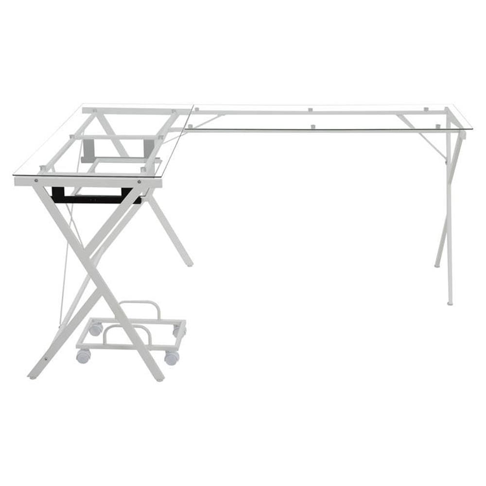Acme Demas L-Shaped Glass Computer Desk with Holder - Clear & White Modern Office Desk for Home & Workspace | Perfect for Small Spaces, Gaming Setup & Remote Work