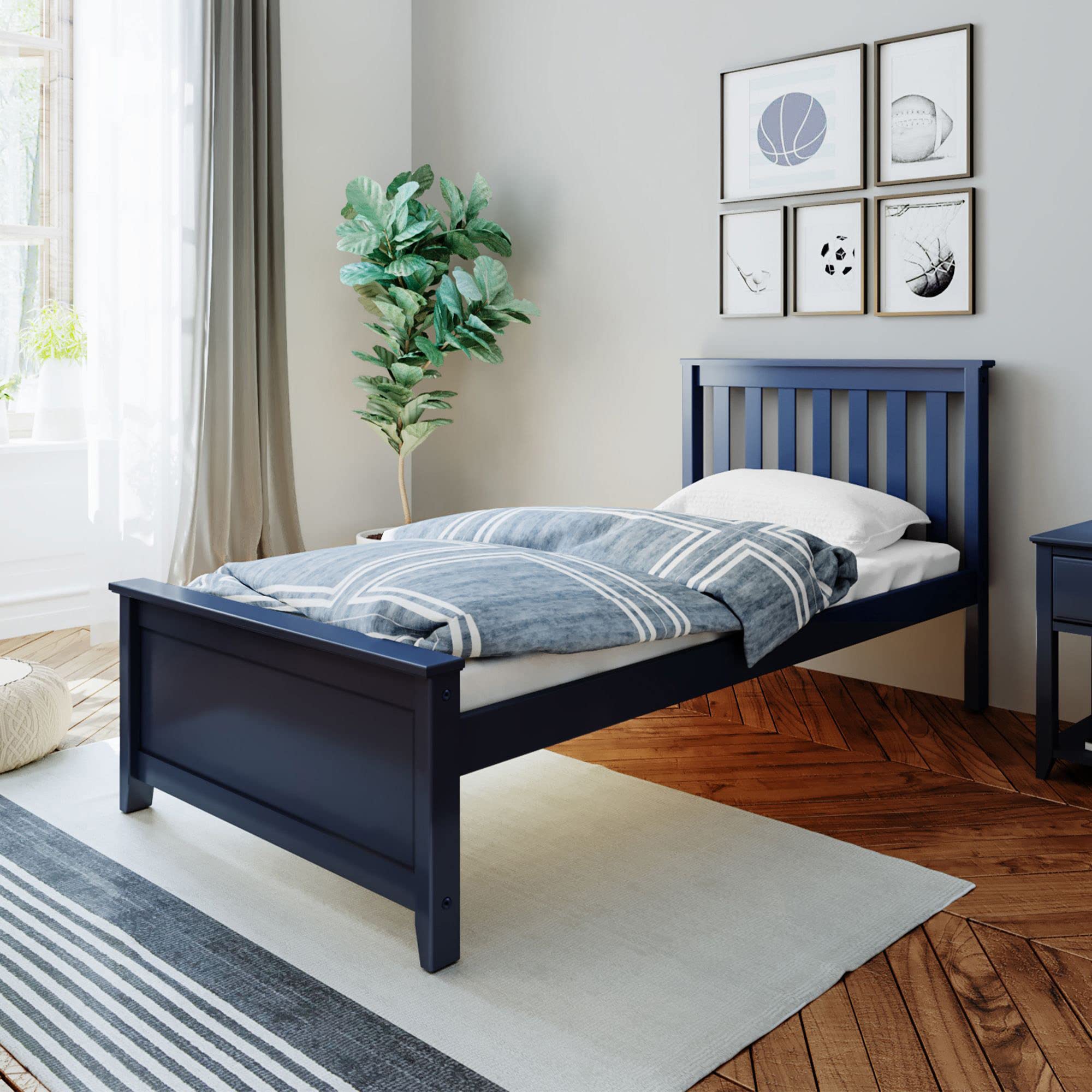 Max & Lily Twin Bed Frame with Slatted Headboard - Solid Wood Platform Bed for Kids & Teens, No Box Spring Needed, Easy Assembly, Blue - Perfect for Bedrooms, Guest Rooms & Dormitories
