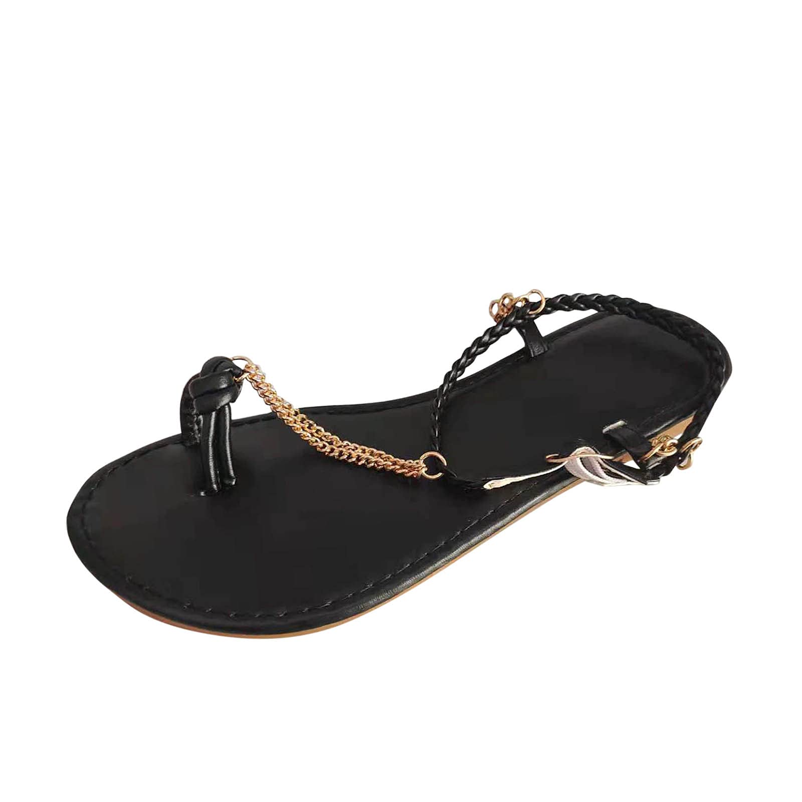 Women's Gold Round Toe Flat Sandals with Metal Chain Detail - Casual Comfortable Solid Sandals for Summer Outfits, Beach Vacations & Daily Wear