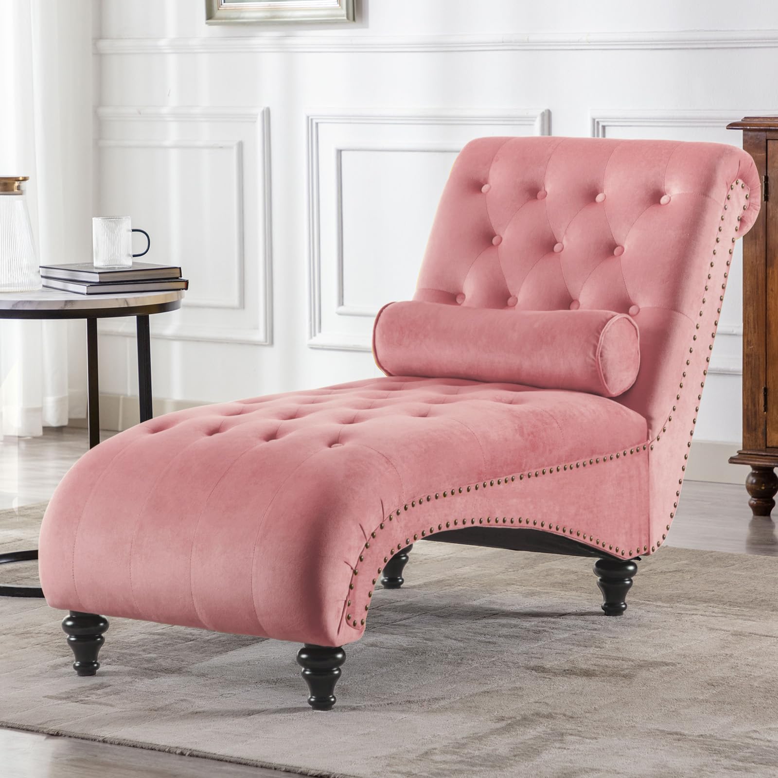 Luxury Velvet Button-Tufted Chaise Lounge Chair with Bolster Pillow - Elegant Nailhead Trim & Turned Legs for Living Room, Bedroom or Office - Comfortable Leisure Sofa Couch in Soft Pink - Perfect for Relaxing, Reading or Napping
