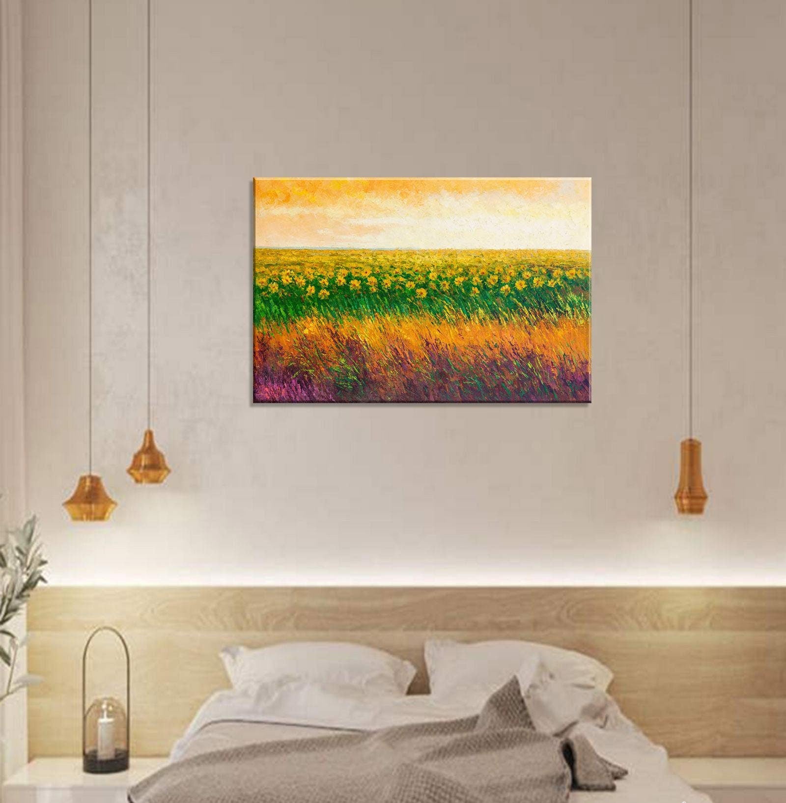 Original Wildflower Sunset Oil Painting - Golden Hour Bloom Large Impasto Artwork - Handmade Floral Landscape Decor for Living Room, Bedroom & Office