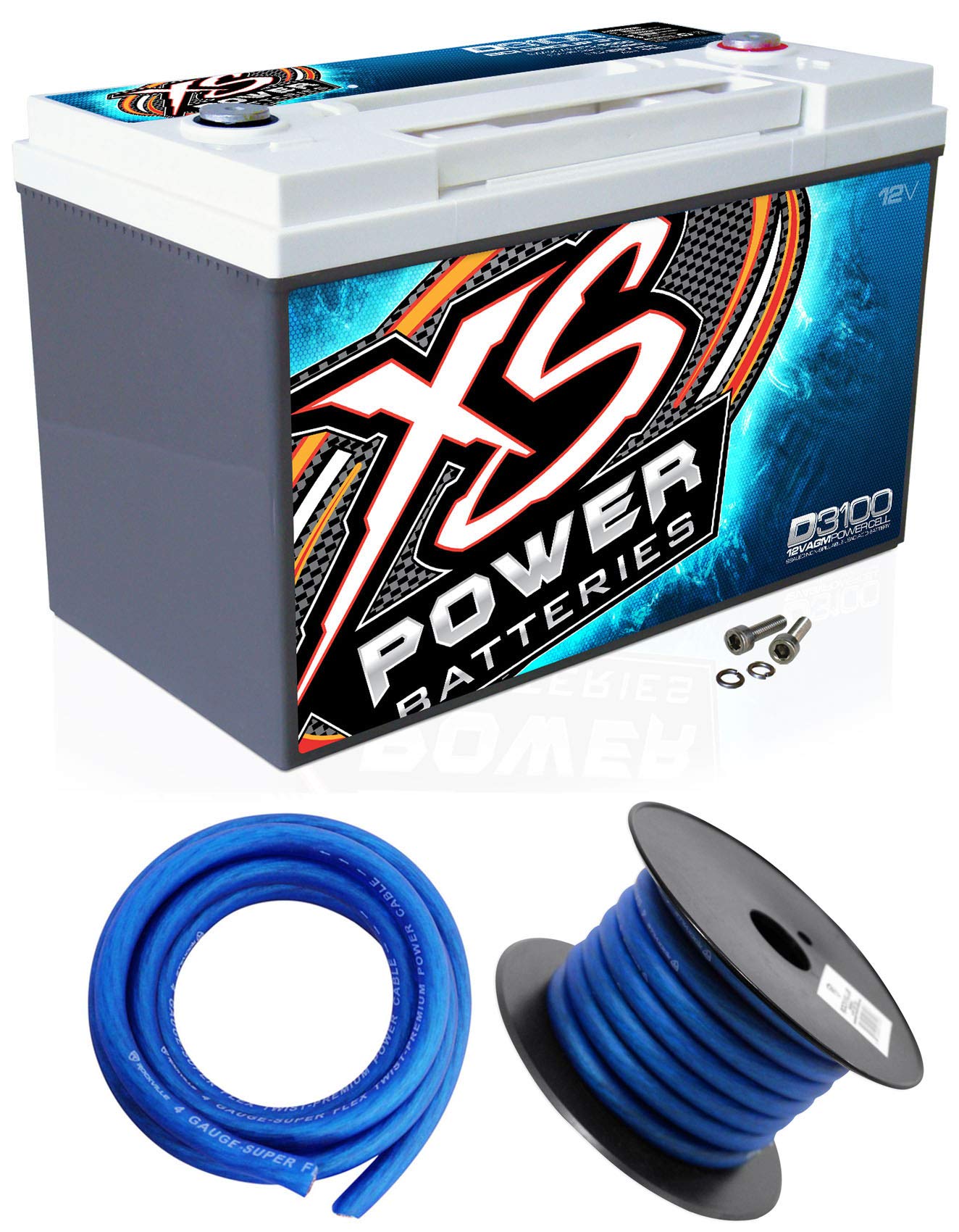 XS Power D3100 5000 Amp AGM Car Battery with Hardware Kit & Power/Ground Wires - High-Performance Audio System & Off-Road Vehicle Power Upgrade