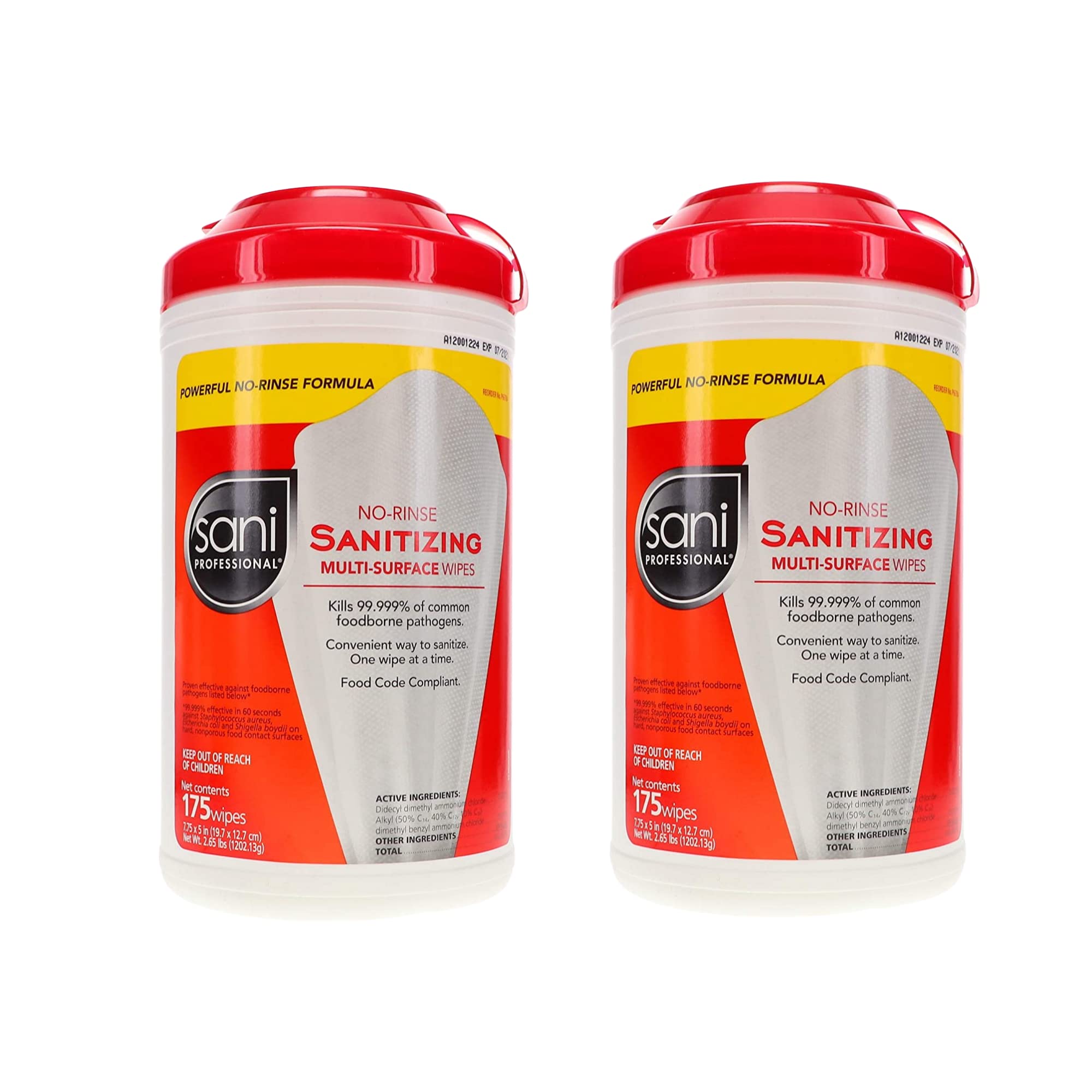 Sani Professional No-Rinse Sanitizing Multi-Surface Wipes - Food Safe, EPA Approved Disinfectant Cleaning Wipes (2 Pack, 175 Wipes Each) - Ideal for Restaurants, Kitchens, Offices & Home Use