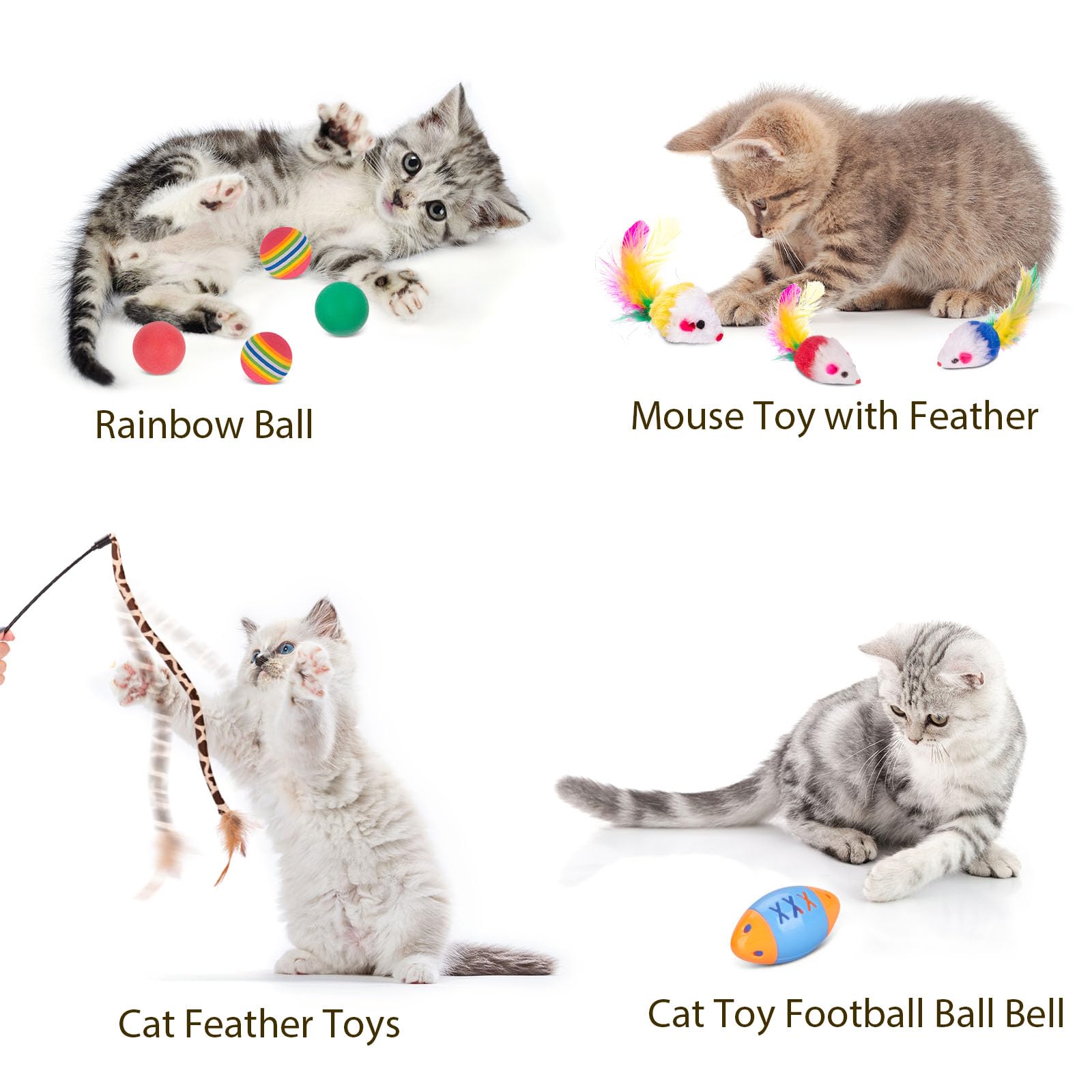 25 Pcs Cat Toys Set: Interactive Feather Teaser Wand, 4 Collapsible Cat Tunnels, Springs, Mouse, Crinkle Toys, Rainbow Football Ball with Bell - Perfect for Indoor Kittens and Cats Playtime