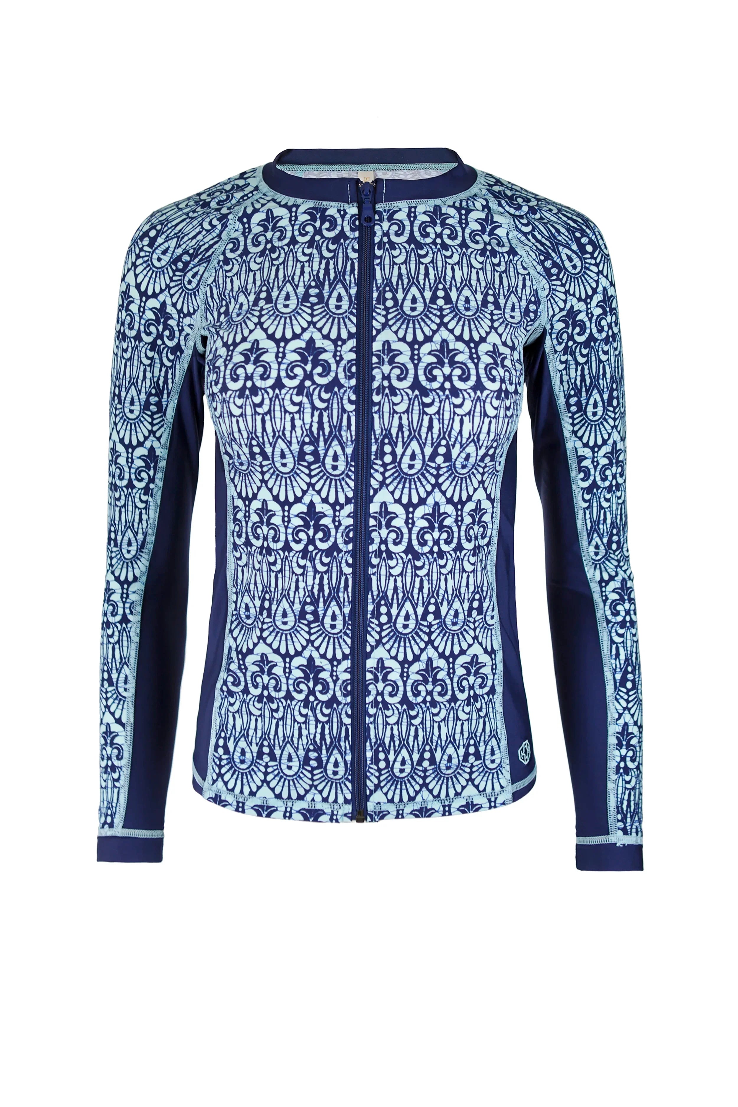 Island UPF 50+ Sun Protection Rash Guard Swim Shirt - Navy Blue Batik Print for Men & Women - Perfect for Beach, Surfing, and Water Sports