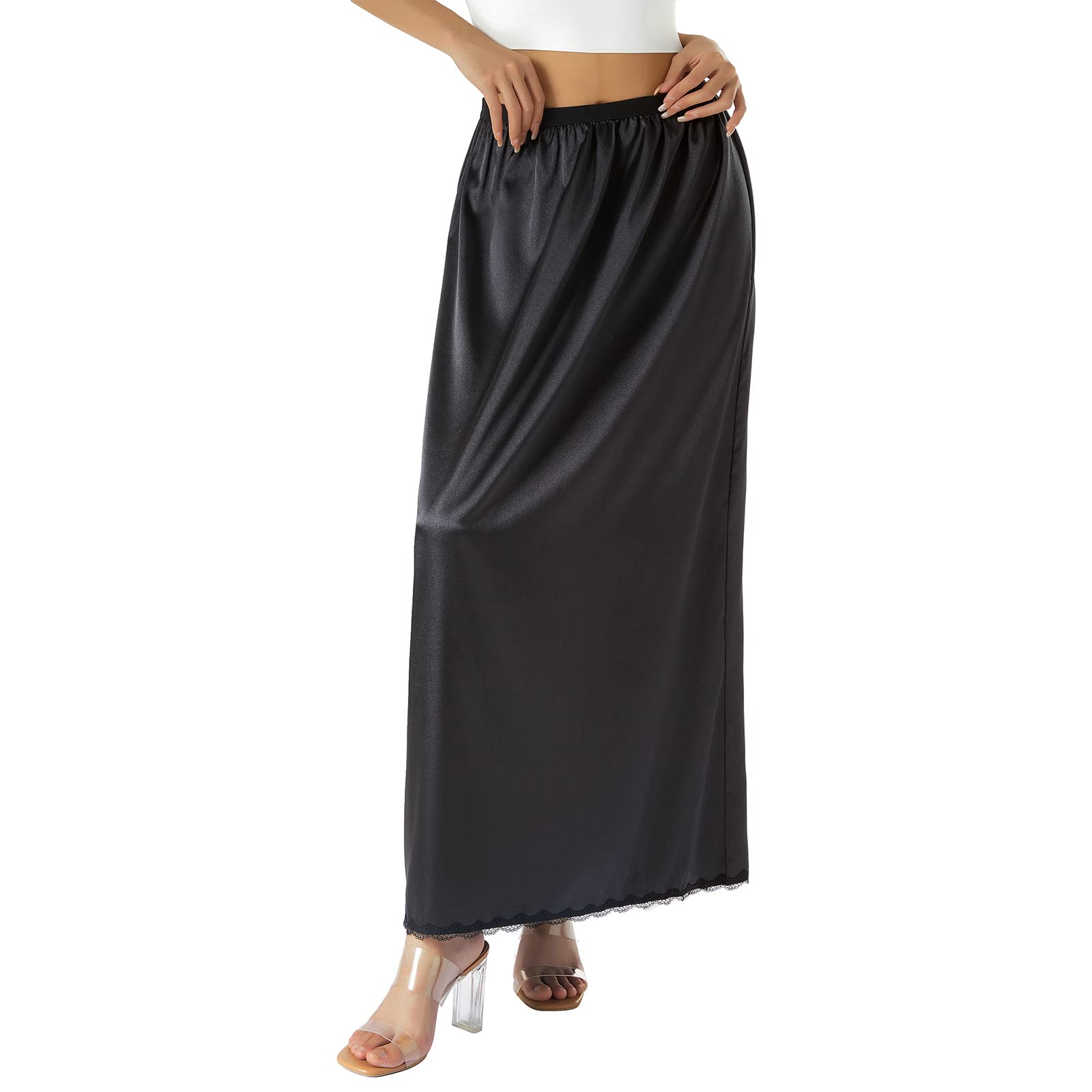 FULA-bao Women's Satin Half Slip - Long Underskirt Dress Extender with Lace Trim - Maxi Skirt for Under Dresses - Perfect for Formal Events, Weddings & Everyday Wear