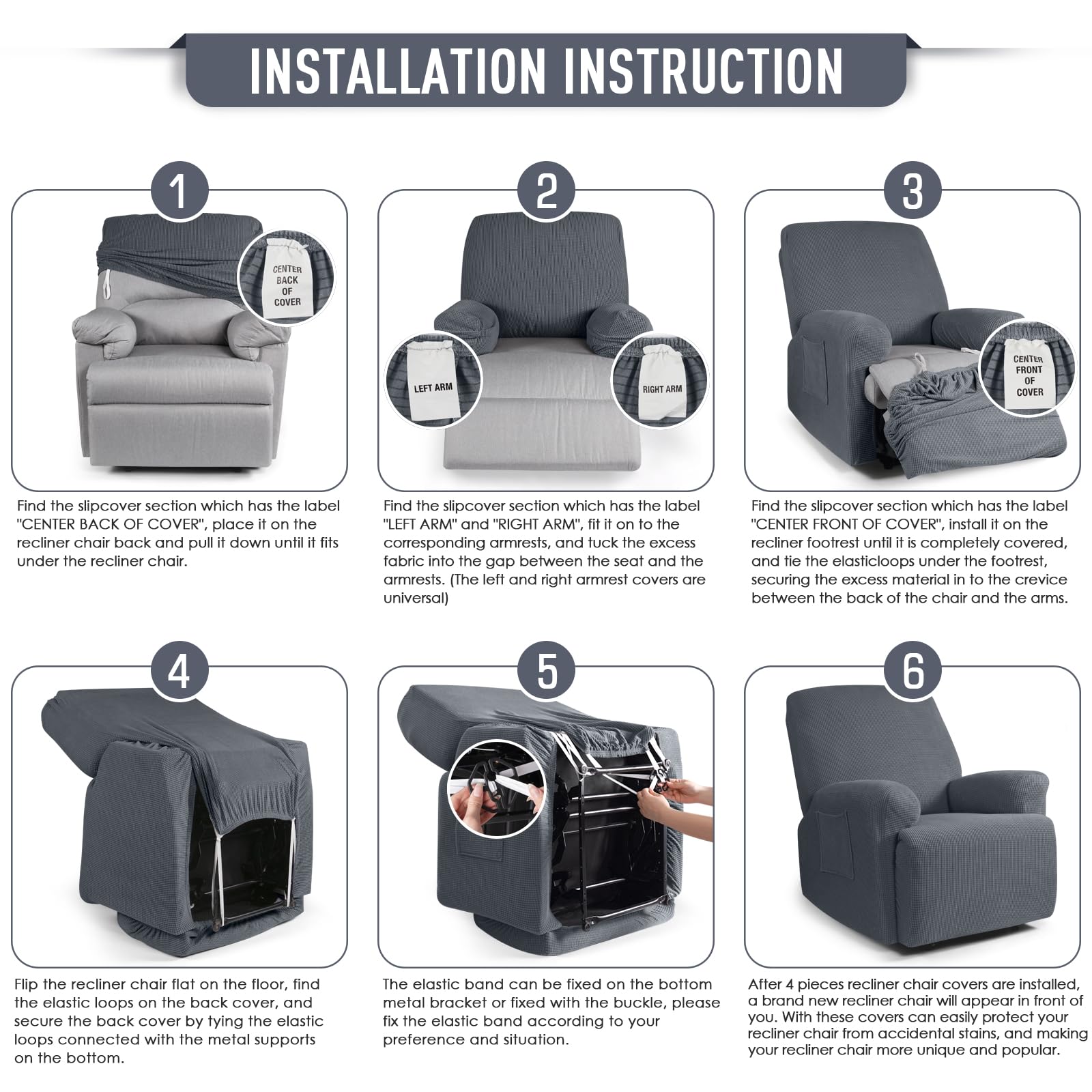 TAOCOCO 4-Piece Stretch Recliner Cover Set - Soft Jacquard Pattern Slipcover for 1-Seater Sofa & Chair Protector (Grey) | Perfect for Living Room Furniture Protection & Home Decor Upgrade