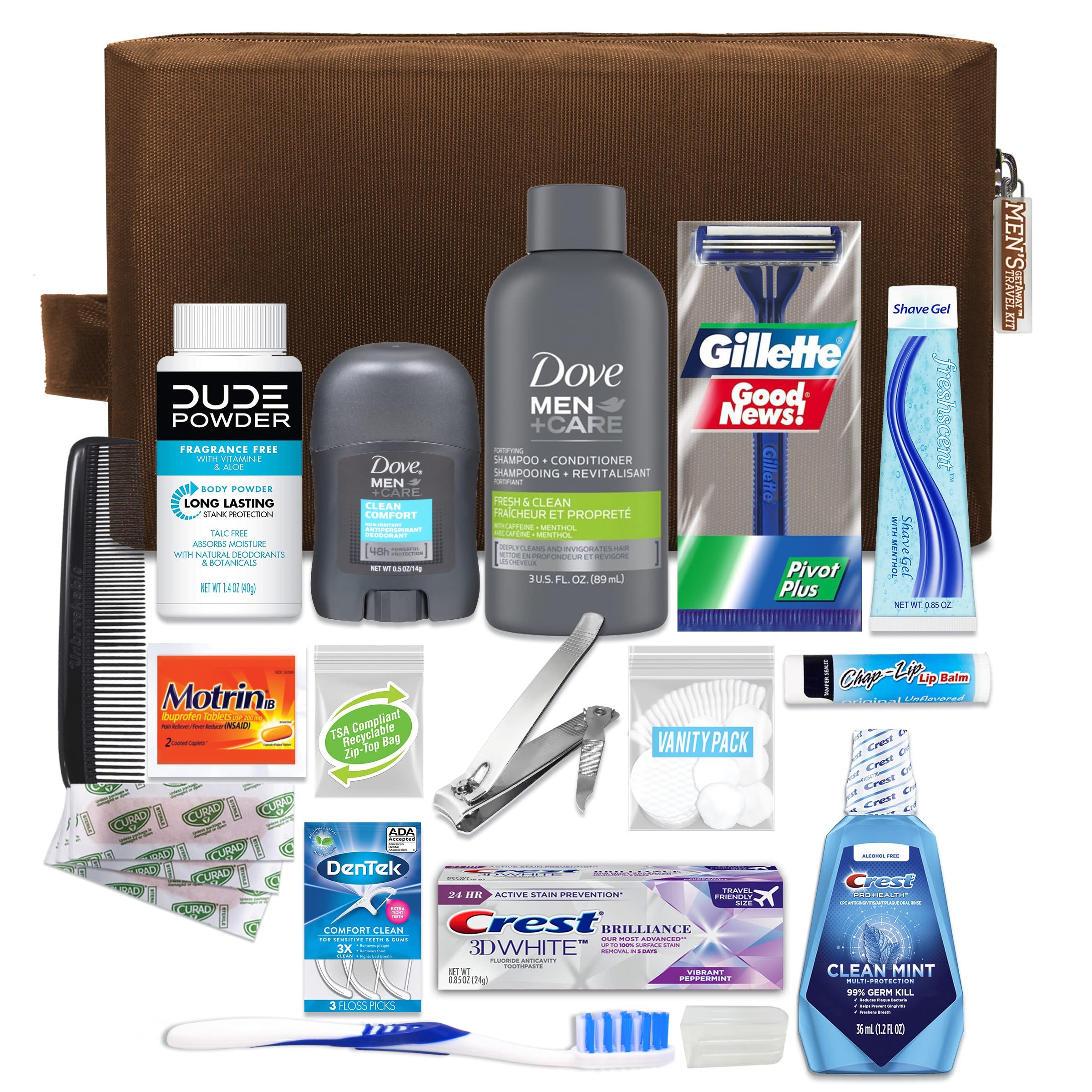 Premium 20-Piece Men's Travel Kit with TSA Compliant Essentials | Dove Men+Care Products in Brown Dopp Bag | Perfect for Business Trips, Gym & Vacation